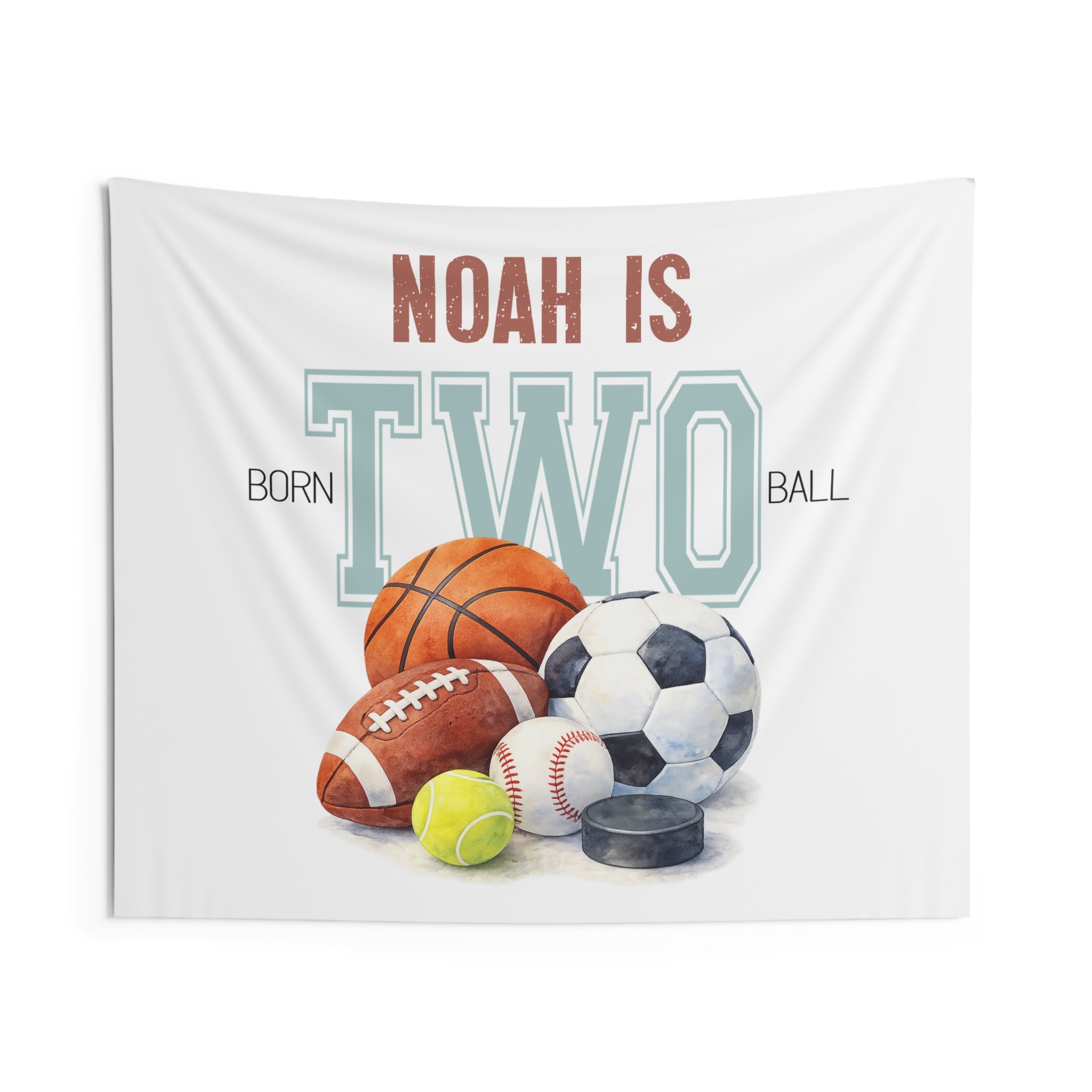 Born Two Ball 2nd Birthday Banner — Boys' Party Wall Tapestry by Printify