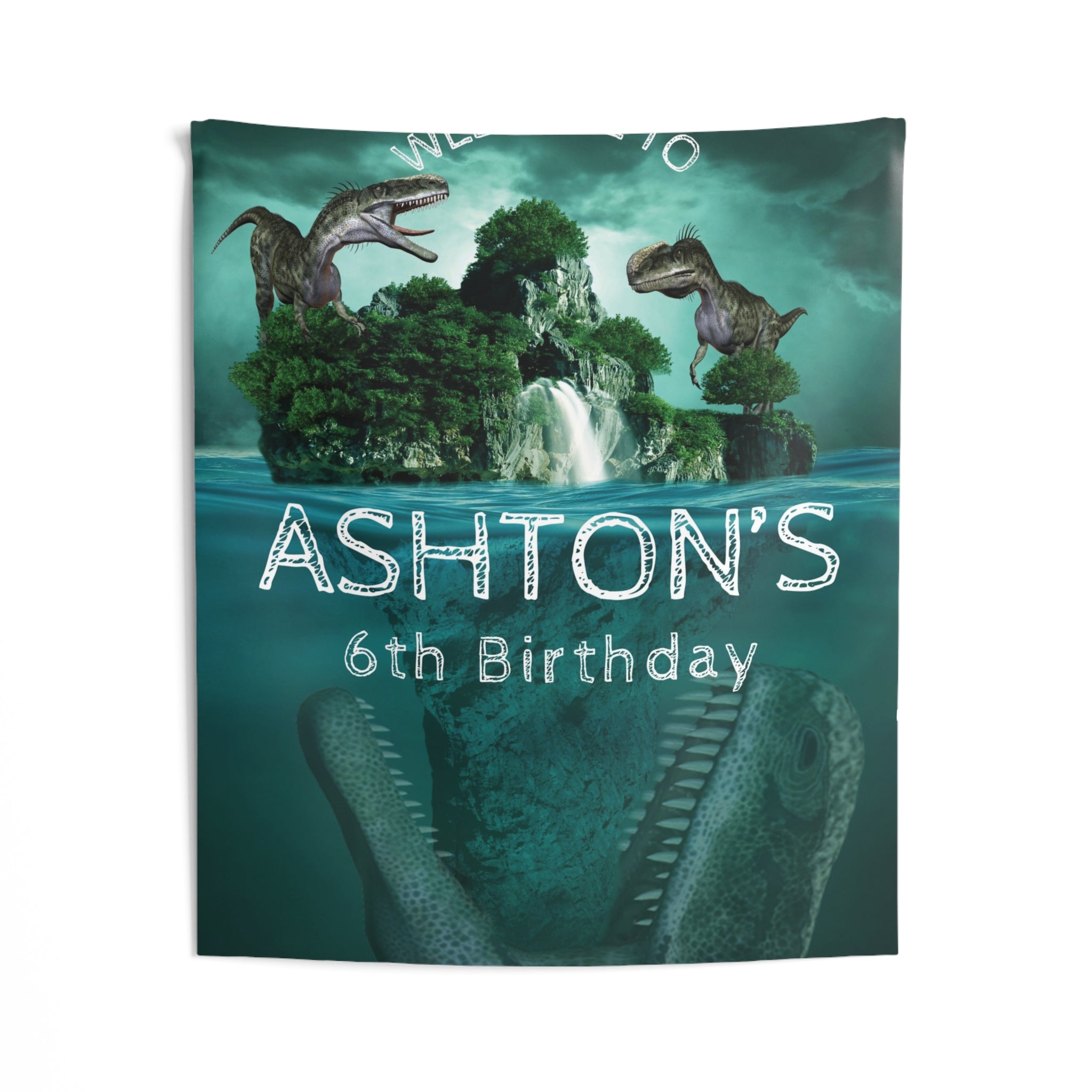 Personalized Dinosaur Birthday Party Tapestry — Custom Name & Age Banner by Printify