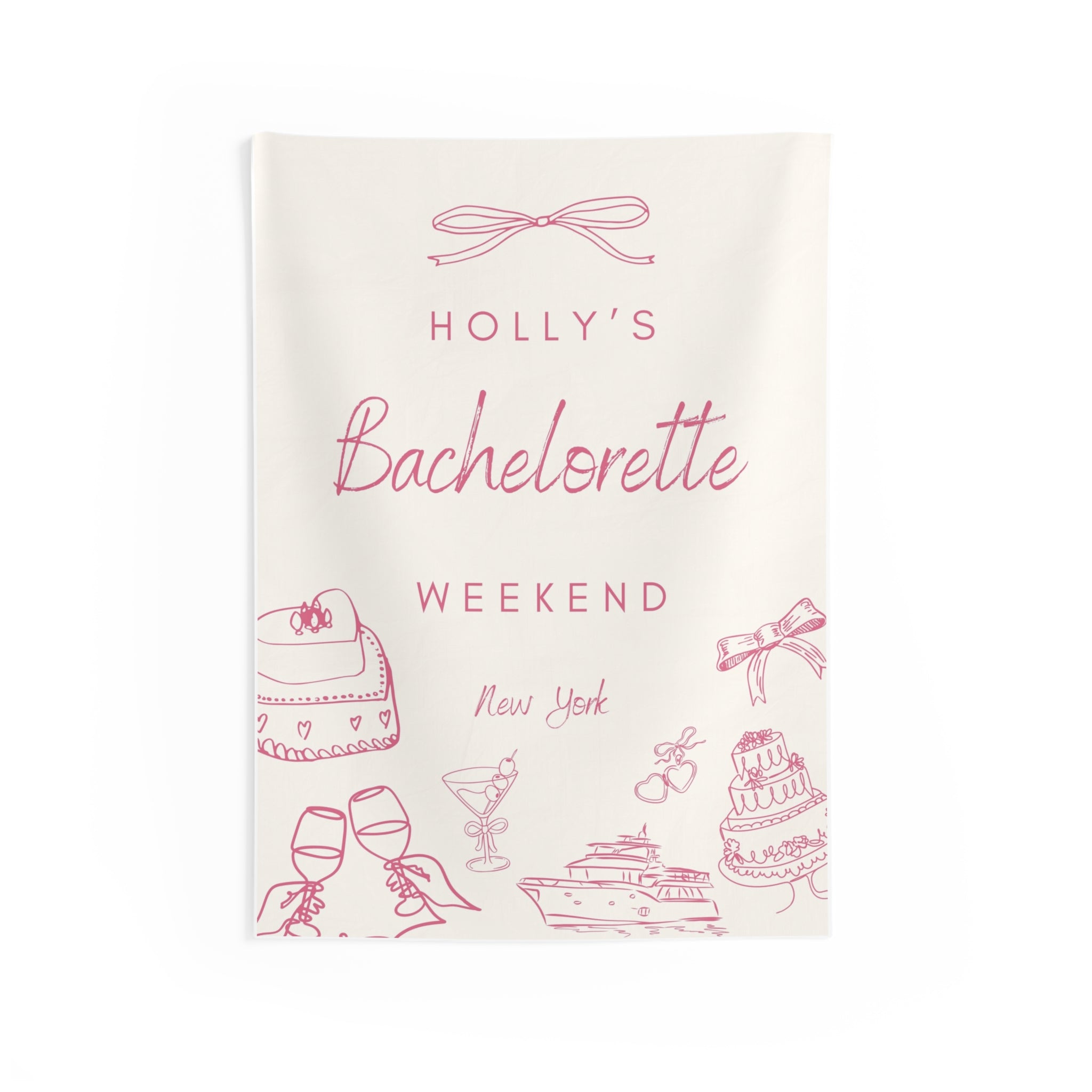 Coquette Bow Bachelorette Party Banner — Personalized Wall Tapestry by Printify
