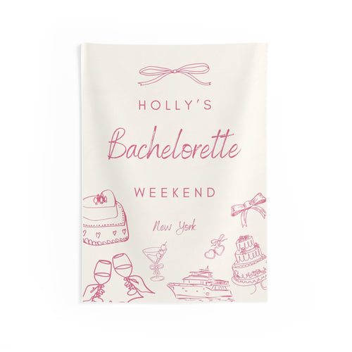 Coquette Bow Bachelorette Party Banner — Personalized Wall Tapestry by Printify