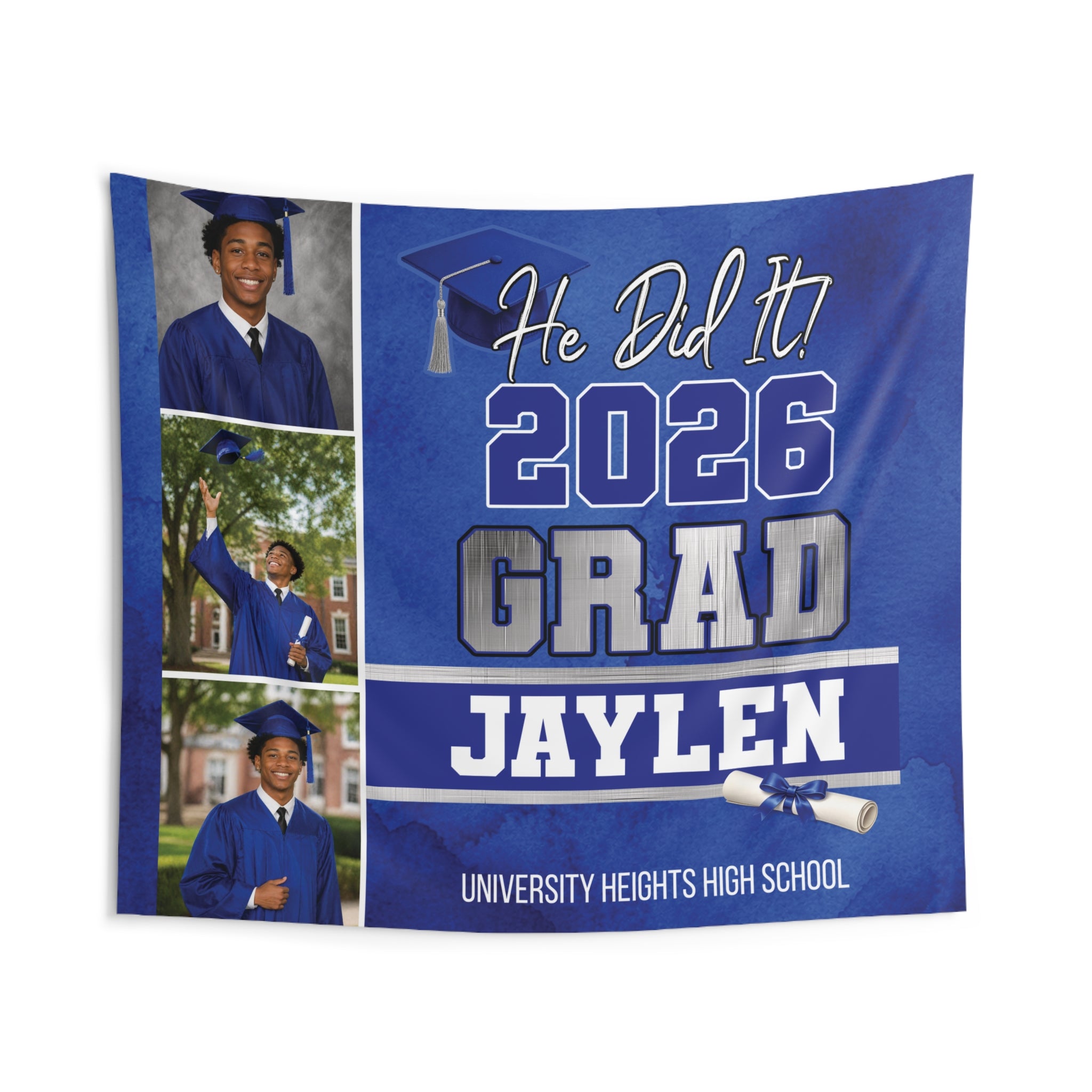 He Did It Graduation Party Banner Indoor Wall Tapestry | Custom Boy Grad Sign by Printify