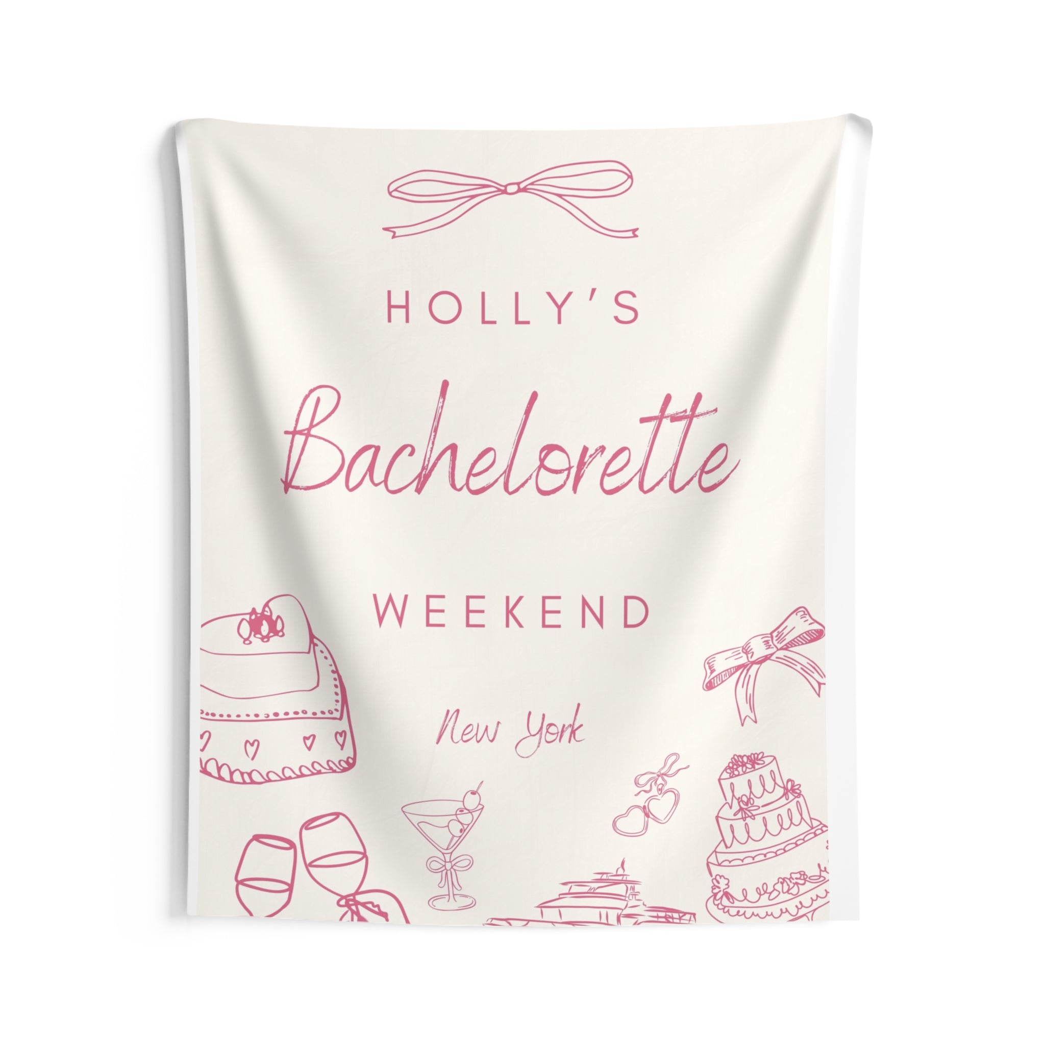 Coquette Bow Bachelorette Party Banner — Personalized Wall Tapestry by Printify