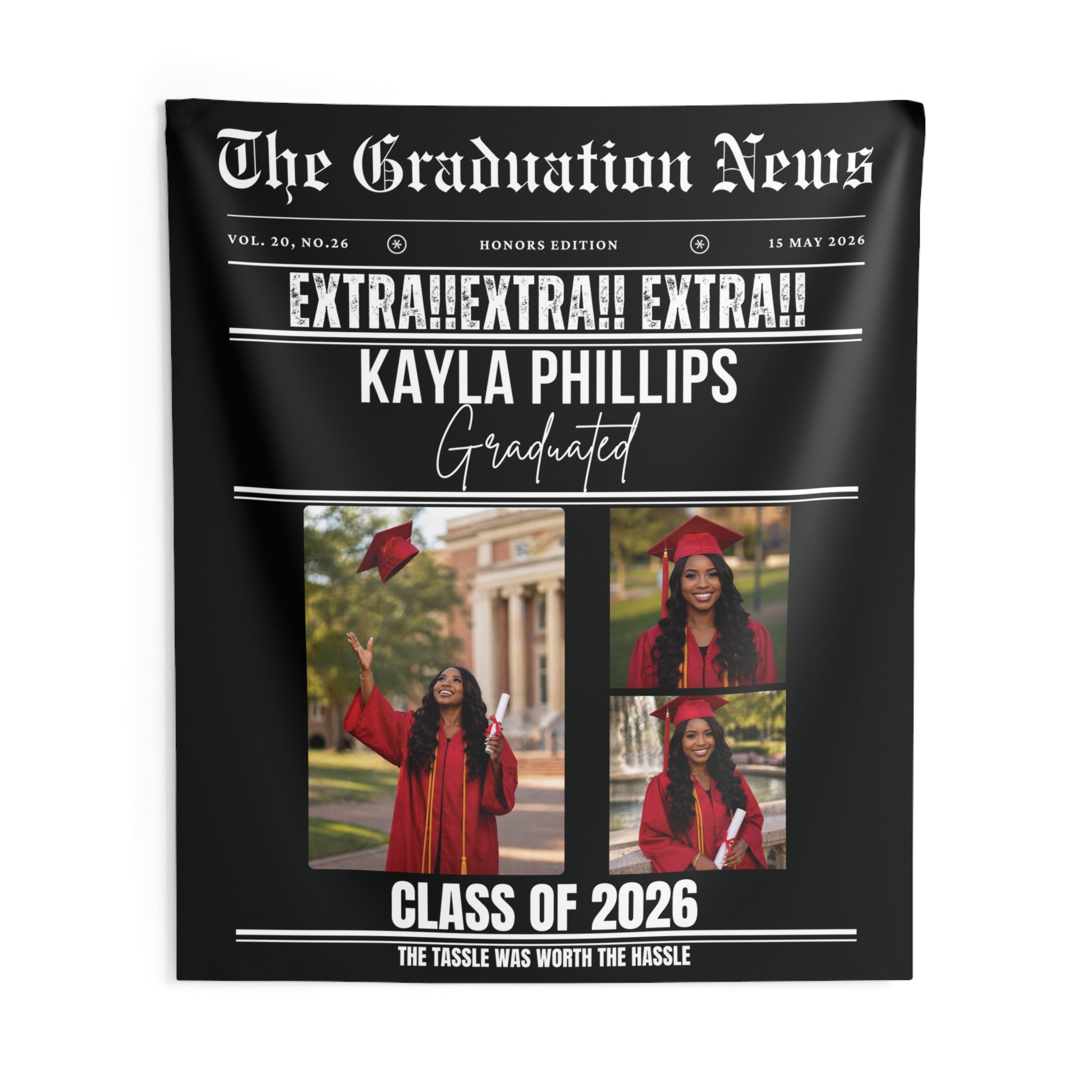 Personalized Newspaper Graduation Party Banner Wall Tapestry by Printify