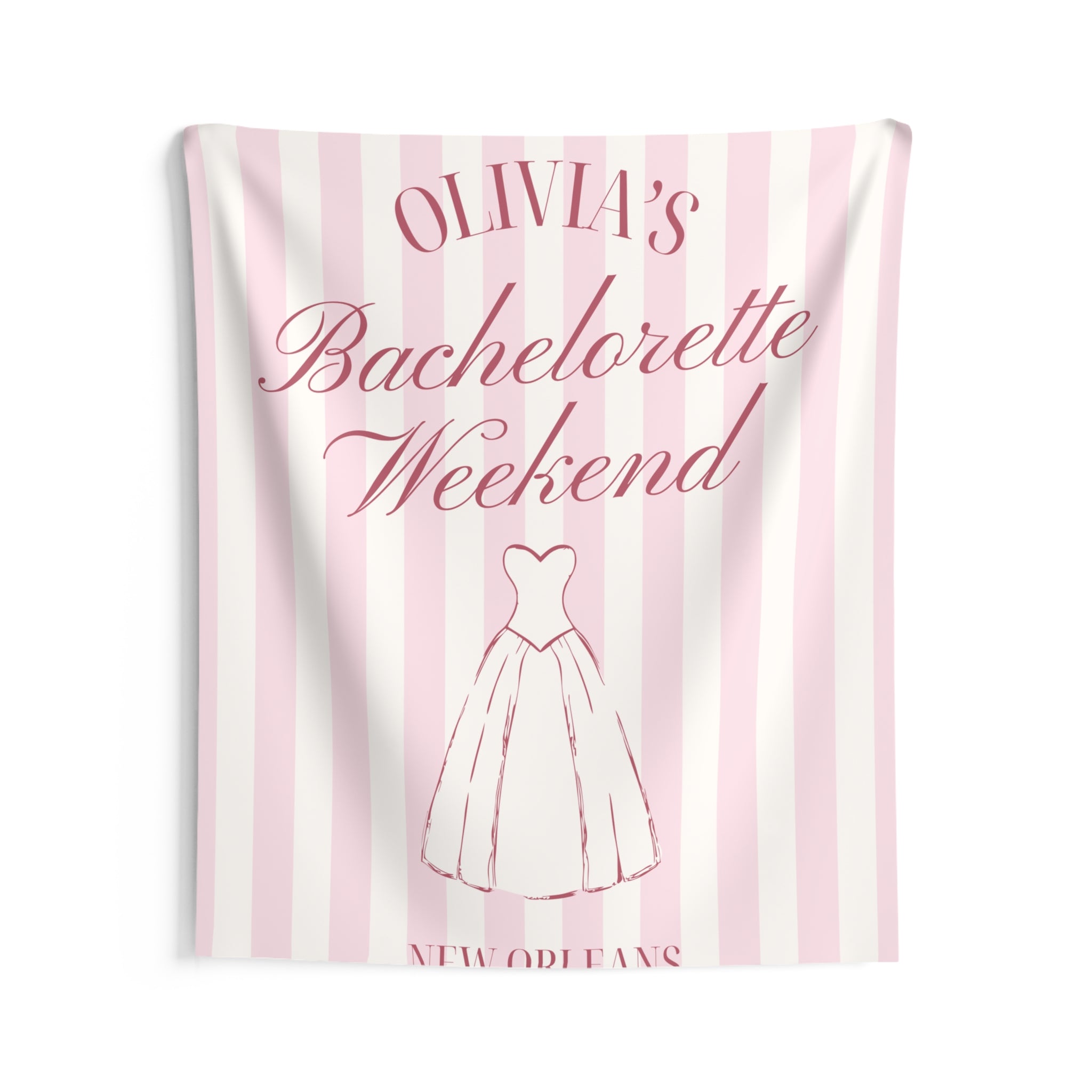 Personalized Pink & White Striped Bachelorette Party Banner - Indoor Wall Tapestry by Printify