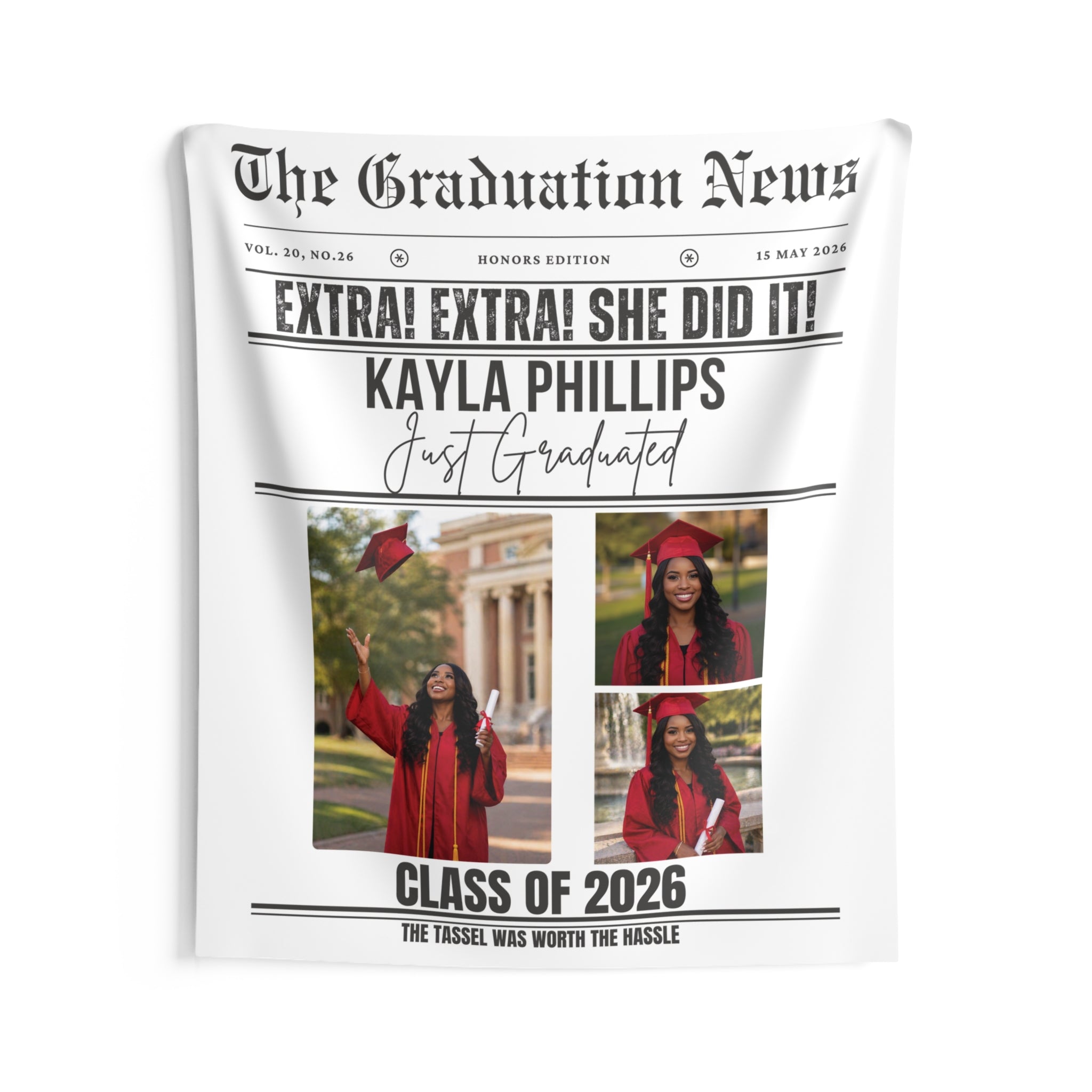 Personalized Newspaper Graduation Party Banner Wall Tapestry by Printify