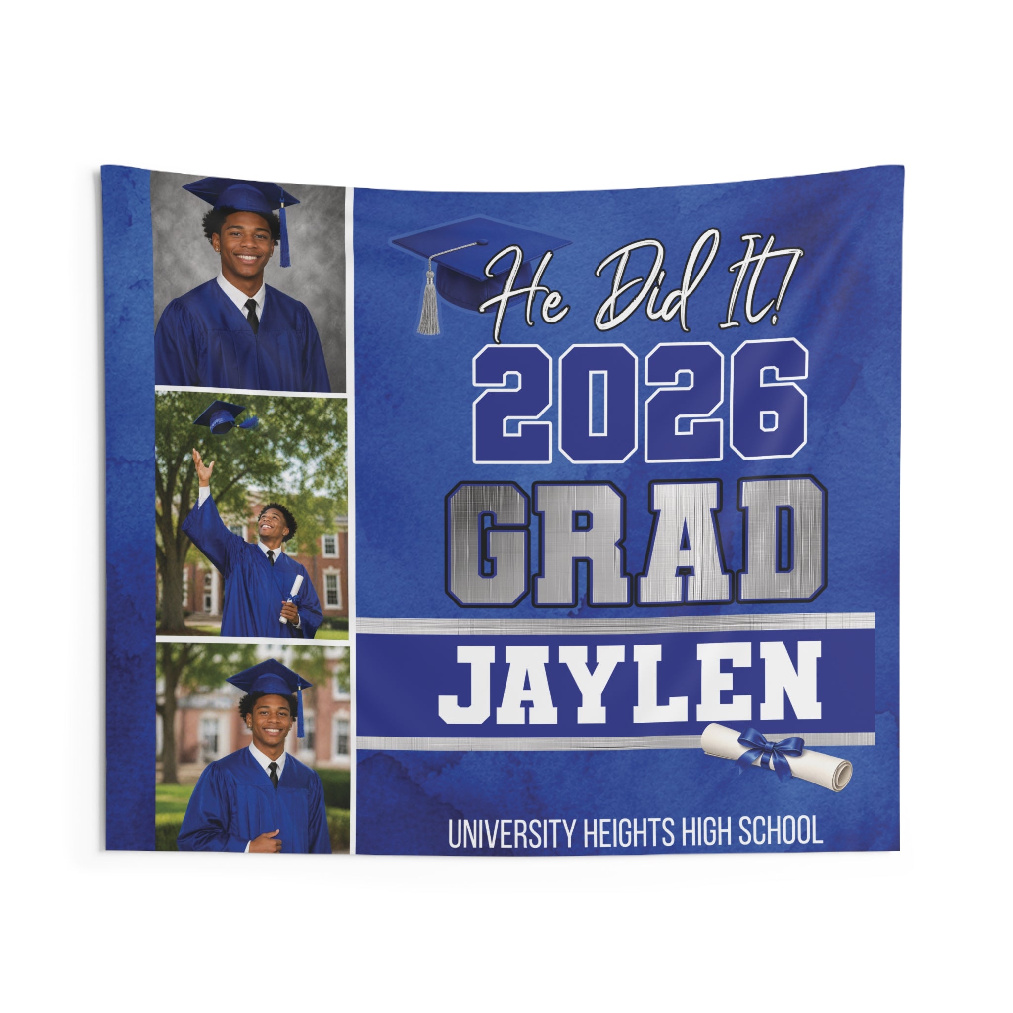 He Did It Graduation Party Banner Indoor Wall Tapestry | Custom Boy Grad Sign by Printify