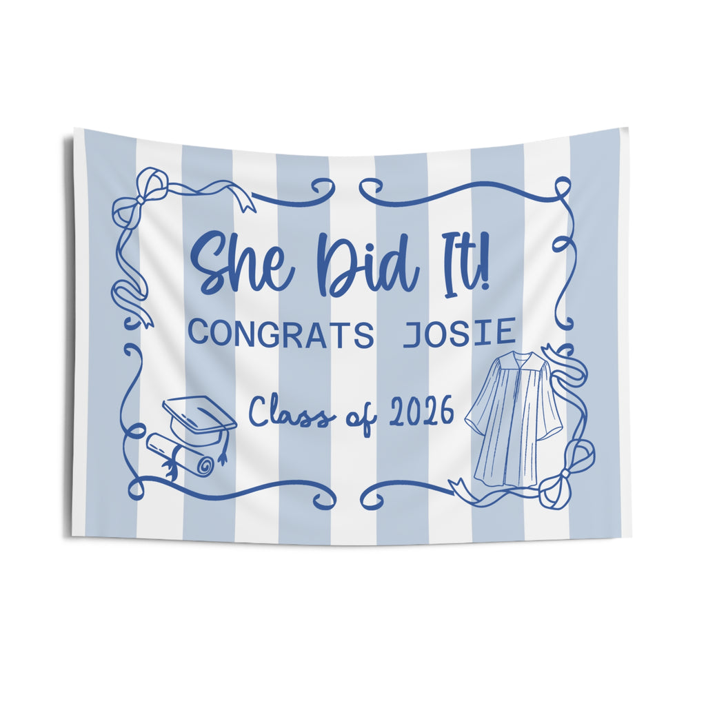 Graduation Wall Tapestry — 'She Did It' Striped Class of 2026 Backdrop for Girls by Printify
