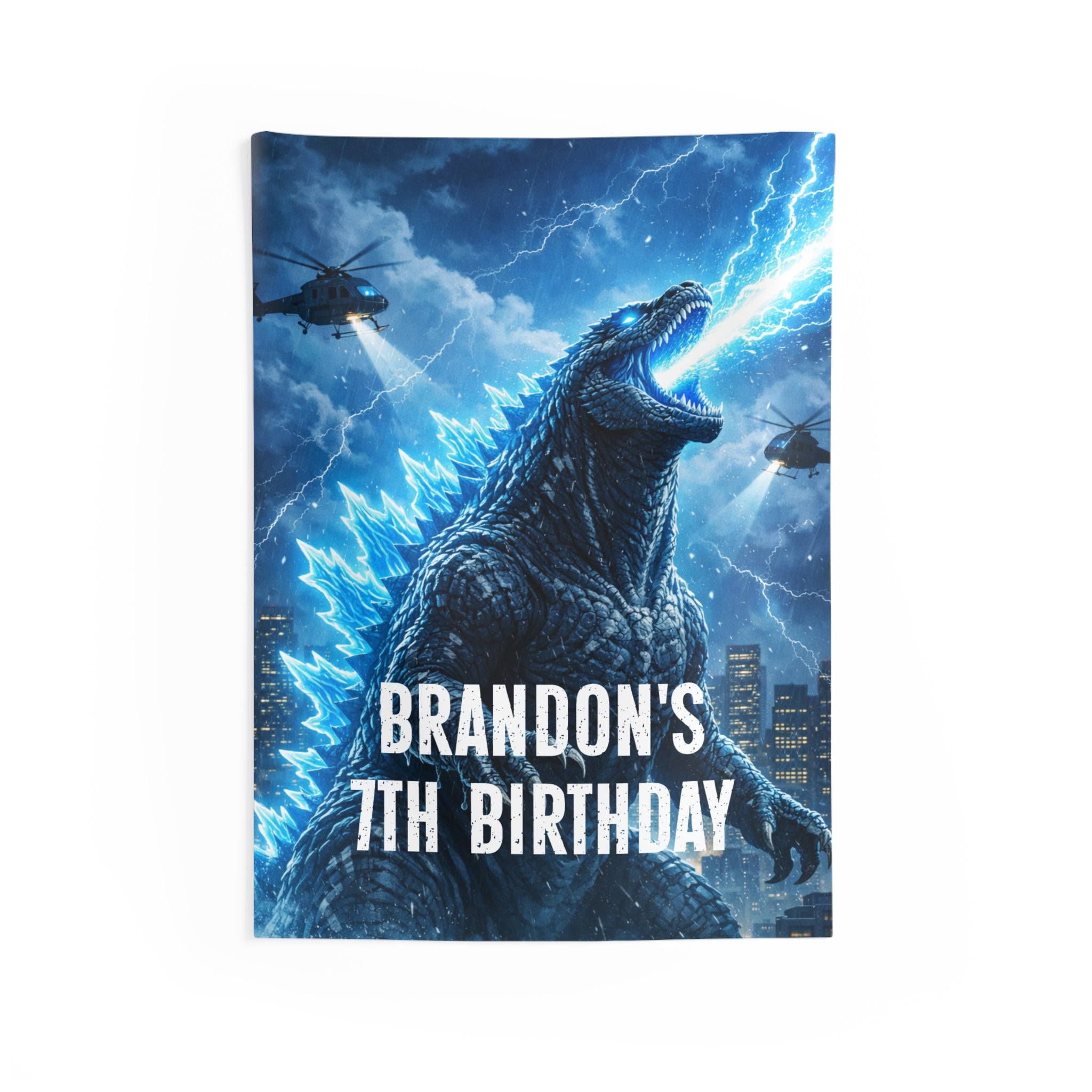Godzilla Blue Lightning Wall Tapestry — Personalized “7th Birthday” Kids Room Decor Party Backdrop by Printify