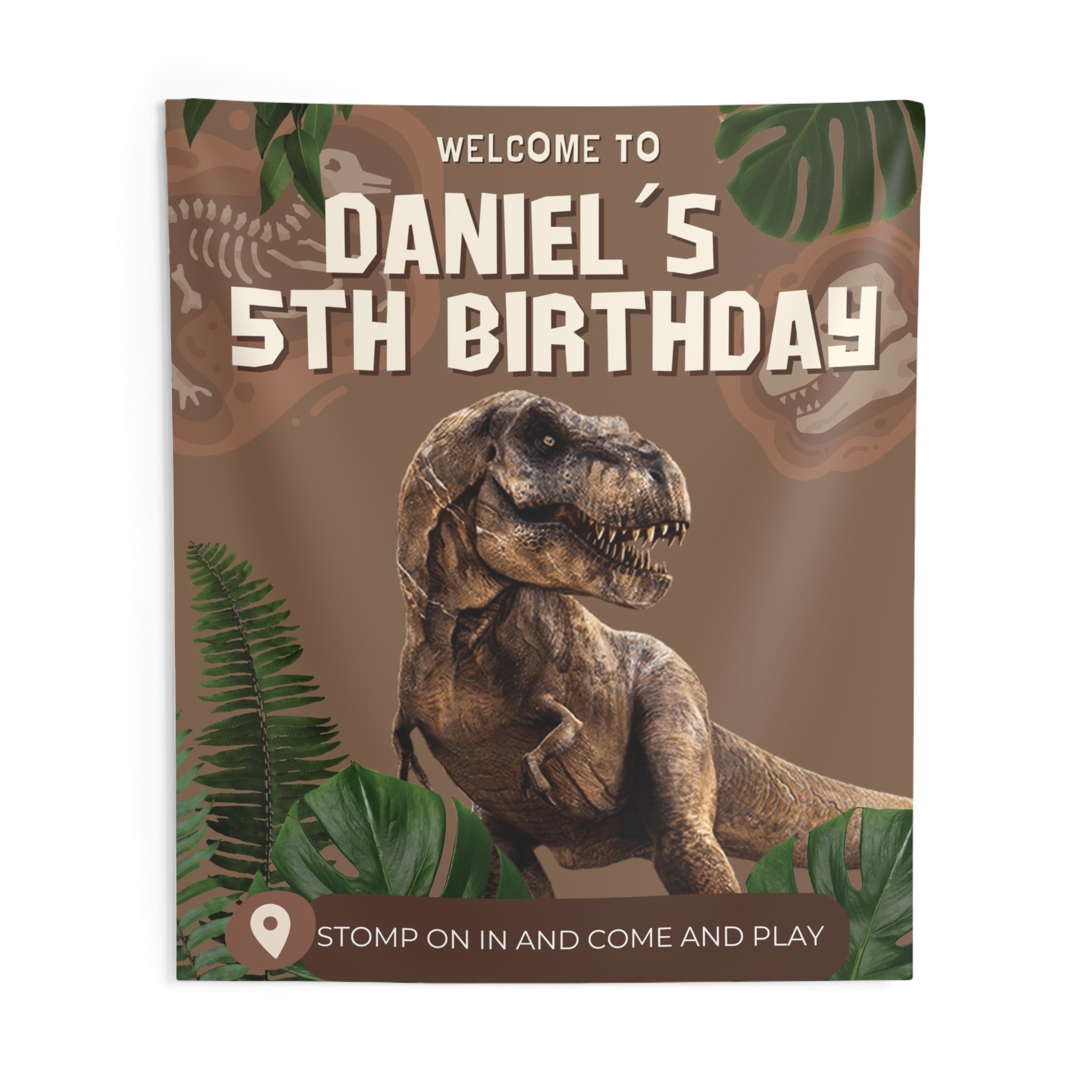 Personalized Dinosaur Party Backdrop Indoor Wall Tapestry | Kids Birthday Decoration by Printify