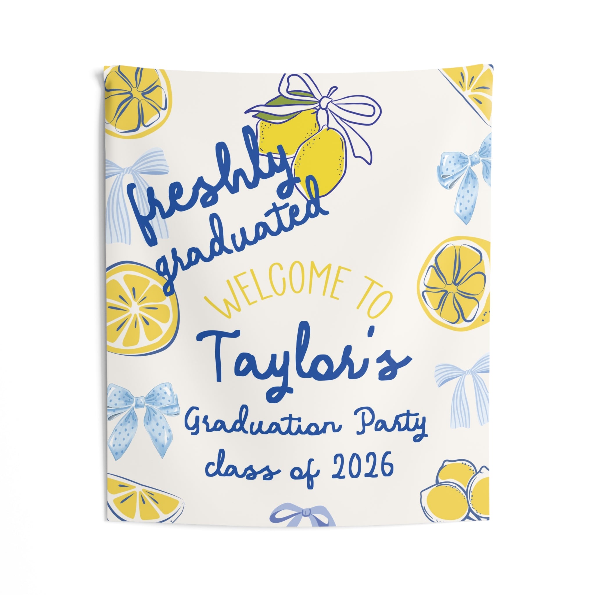 Freshly Graduated Party Banner With Lemons Blue and Yellow Theme by Printify
