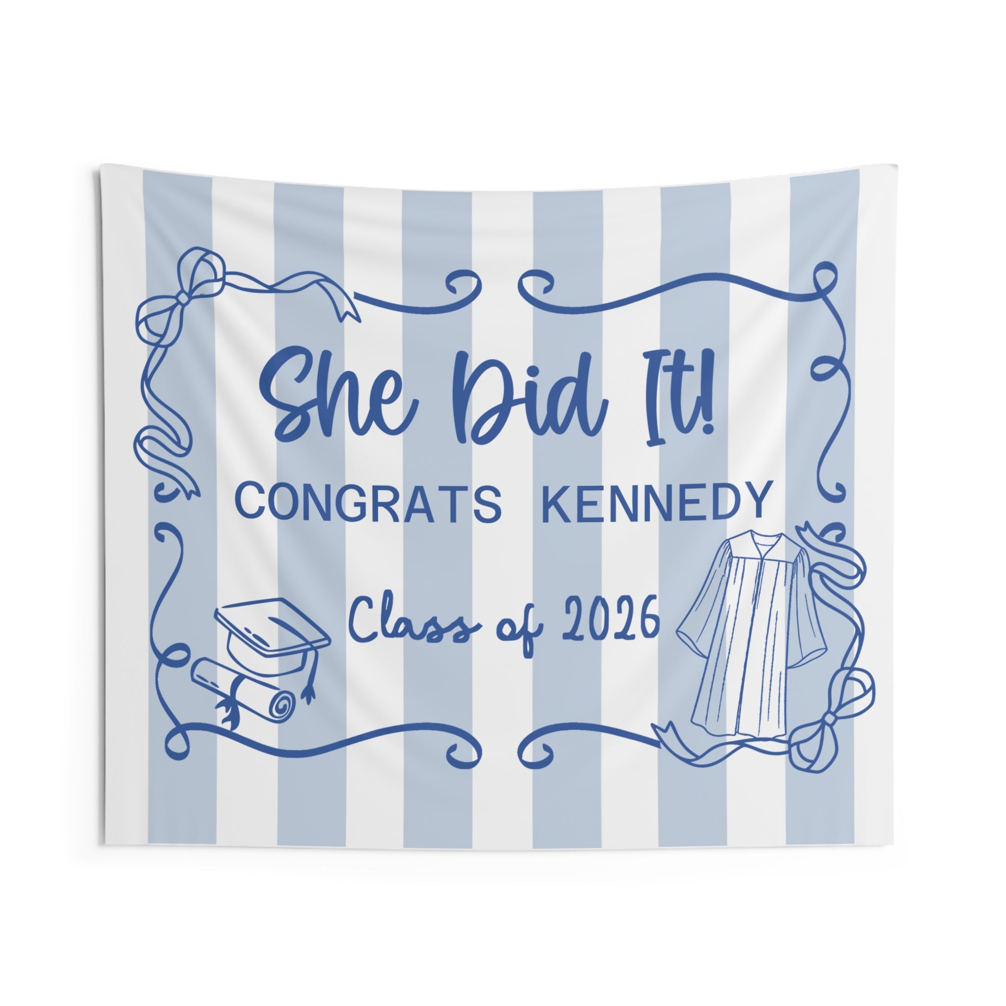 Graduation Wall Tapestry — 'She Did It' Striped Class of 2026 Backdrop for Girls by Printify
