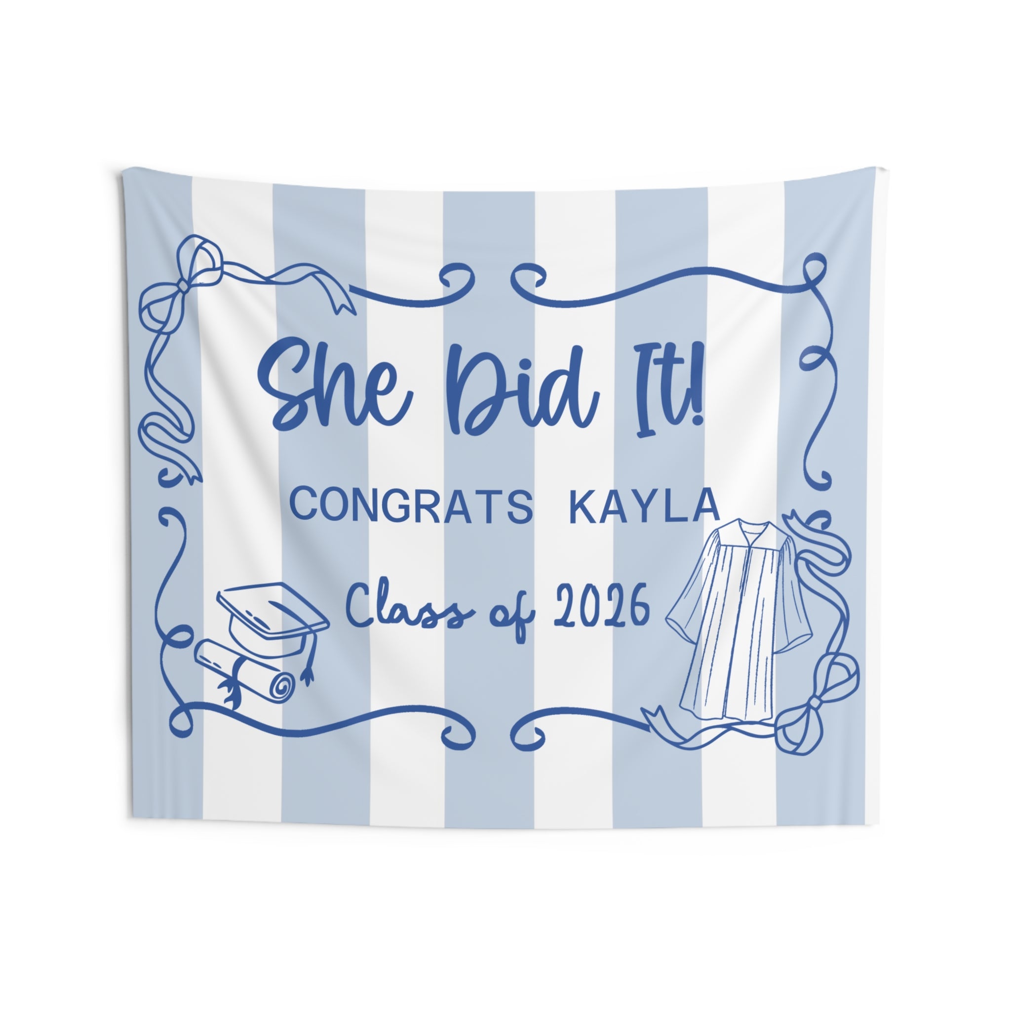 Graduation Wall Tapestry — 'She Did It' Striped Class of 2026 Backdrop for Girls by Printify