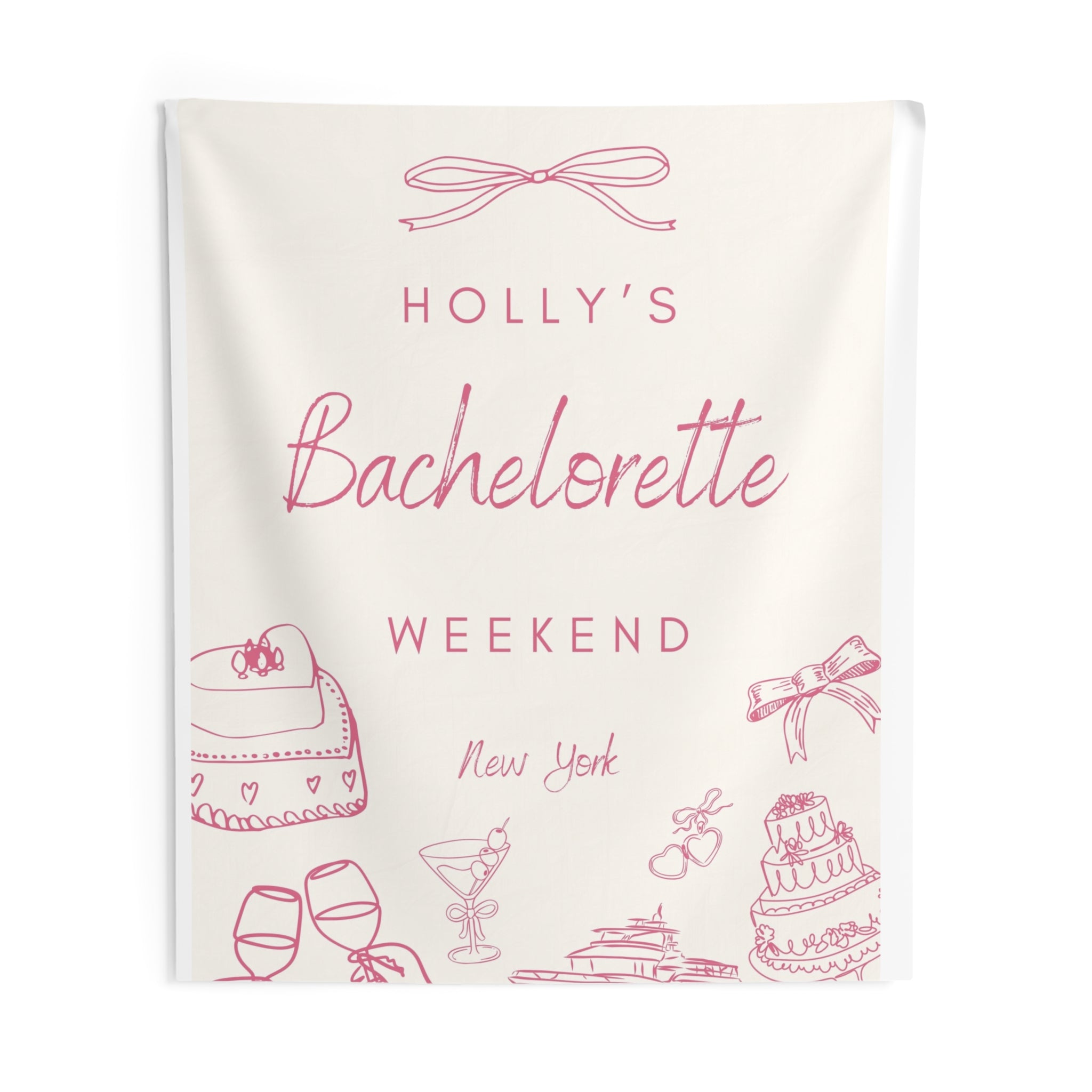 Coquette Bow Bachelorette Party Banner — Personalized Wall Tapestry by Printify