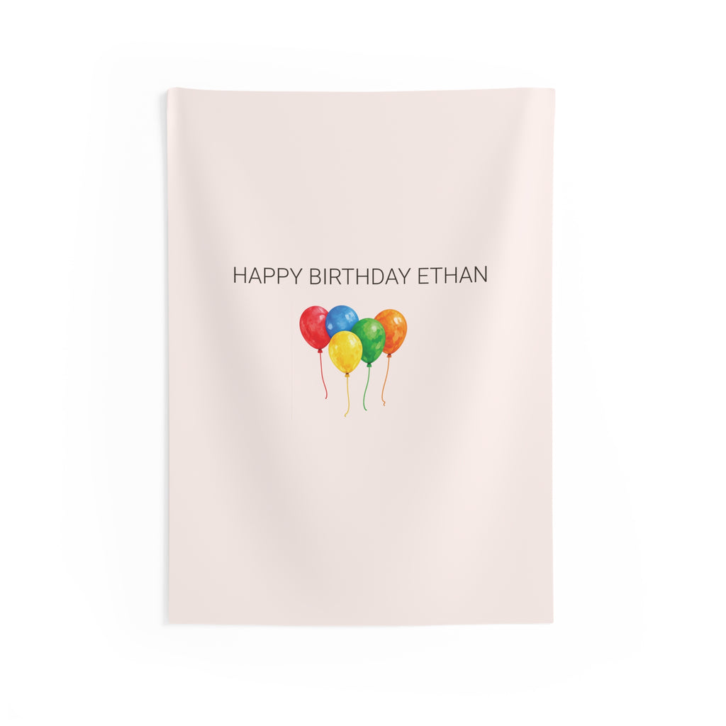 Personalized Rainbow Happy Birthday Banner Indoor Wall Tapestry | Balloons, Any Age by Printify