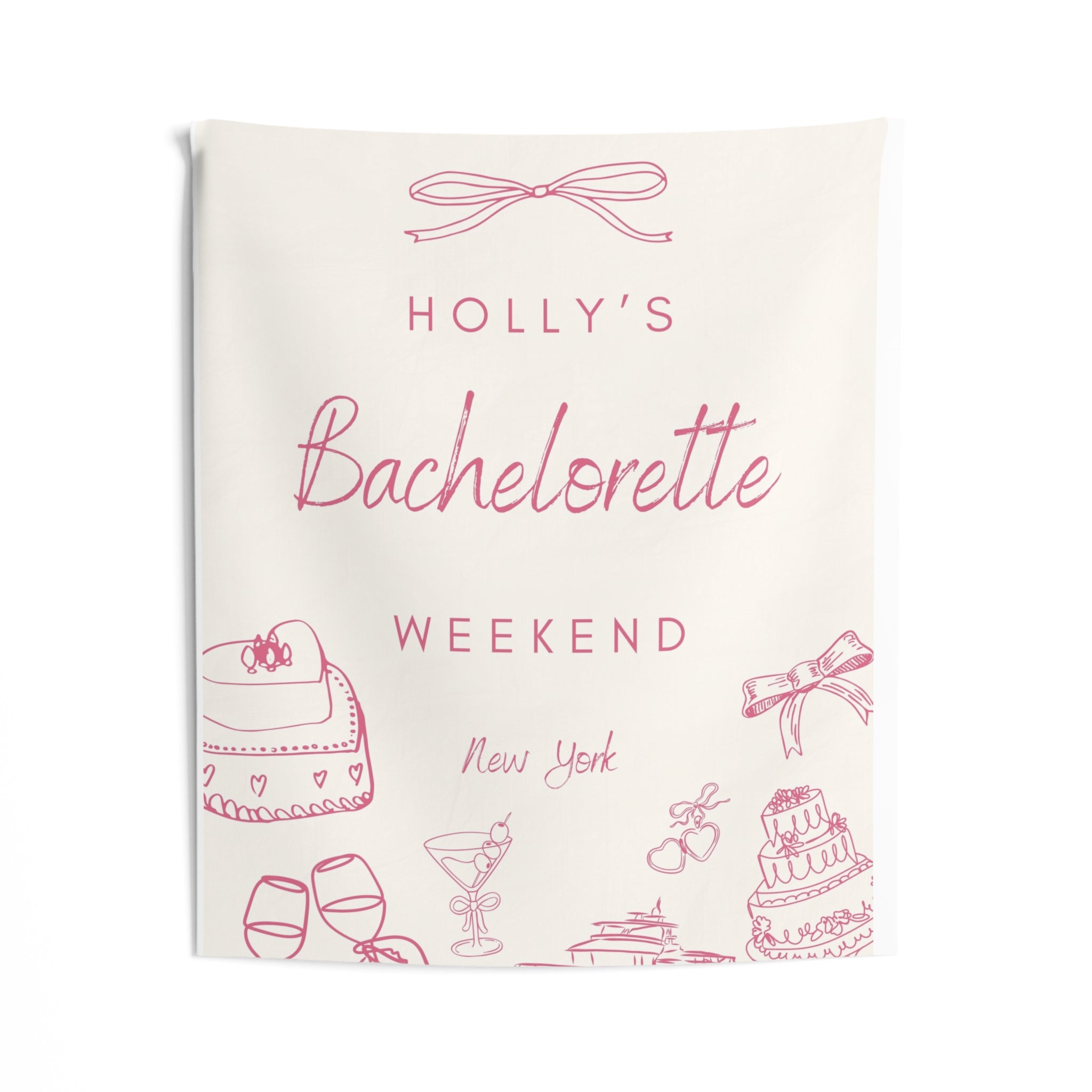 Coquette Bow Bachelorette Party Banner — Personalized Wall Tapestry by Printify