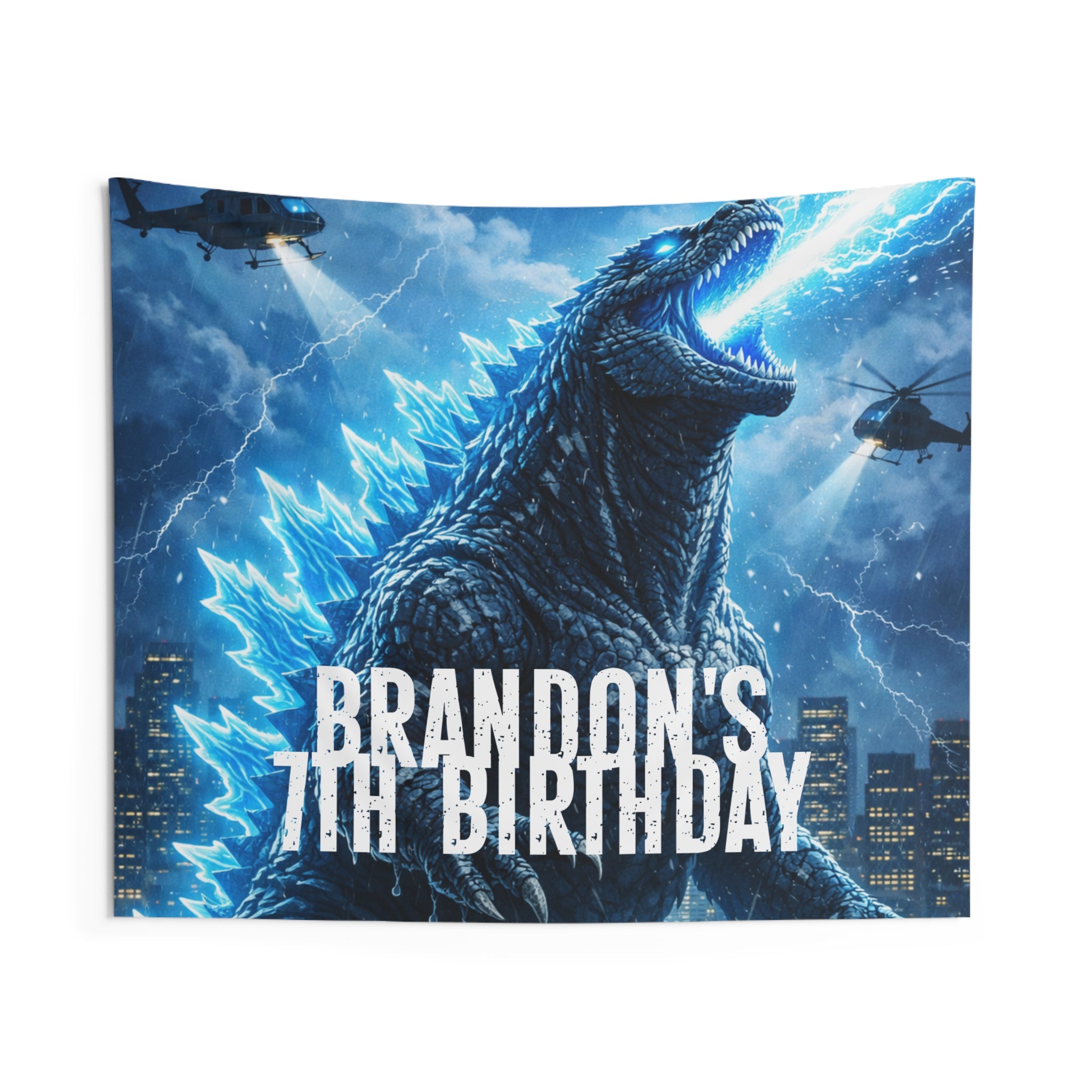 Godzilla Blue Lightning Wall Tapestry — Personalized “7th Birthday” Kids Room Decor Party Backdrop by Printify