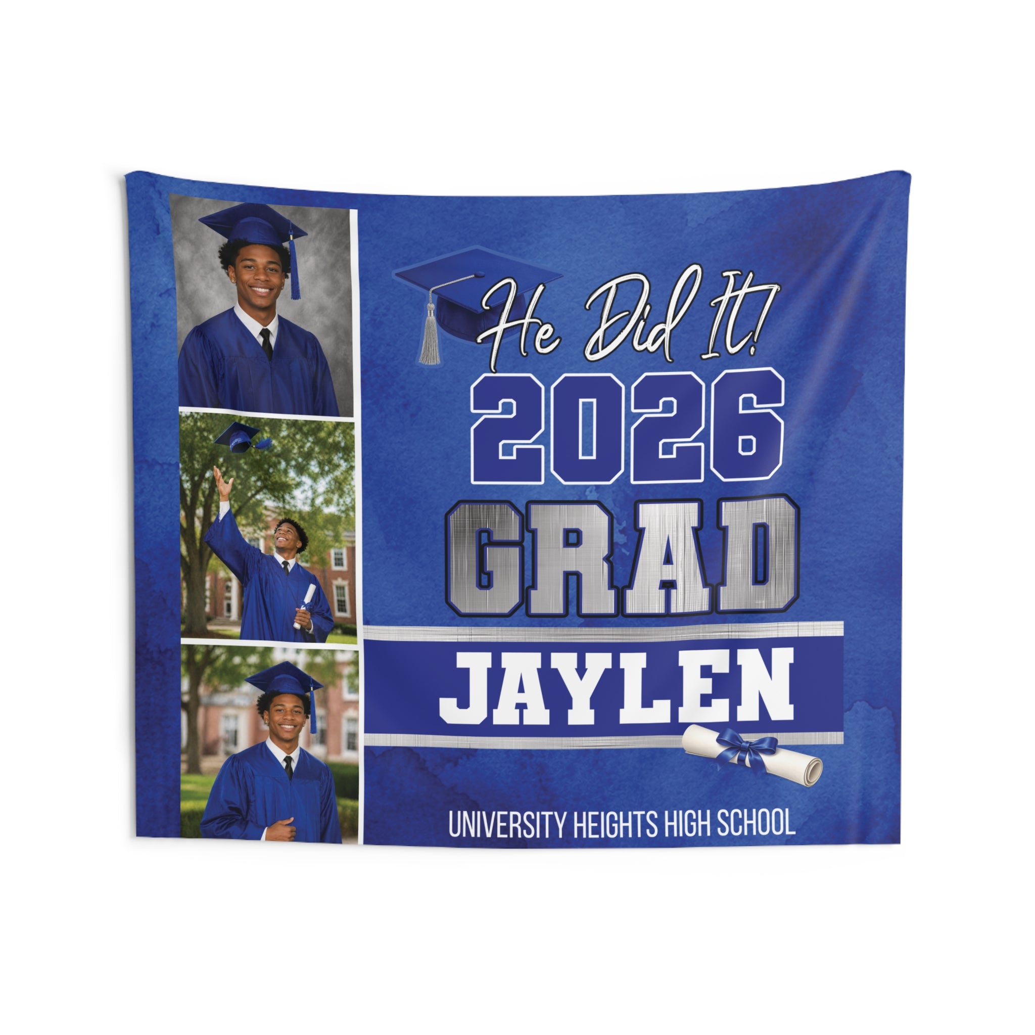He Did It Graduation Party Banner Indoor Wall Tapestry | Custom Boy Grad Sign by Printify