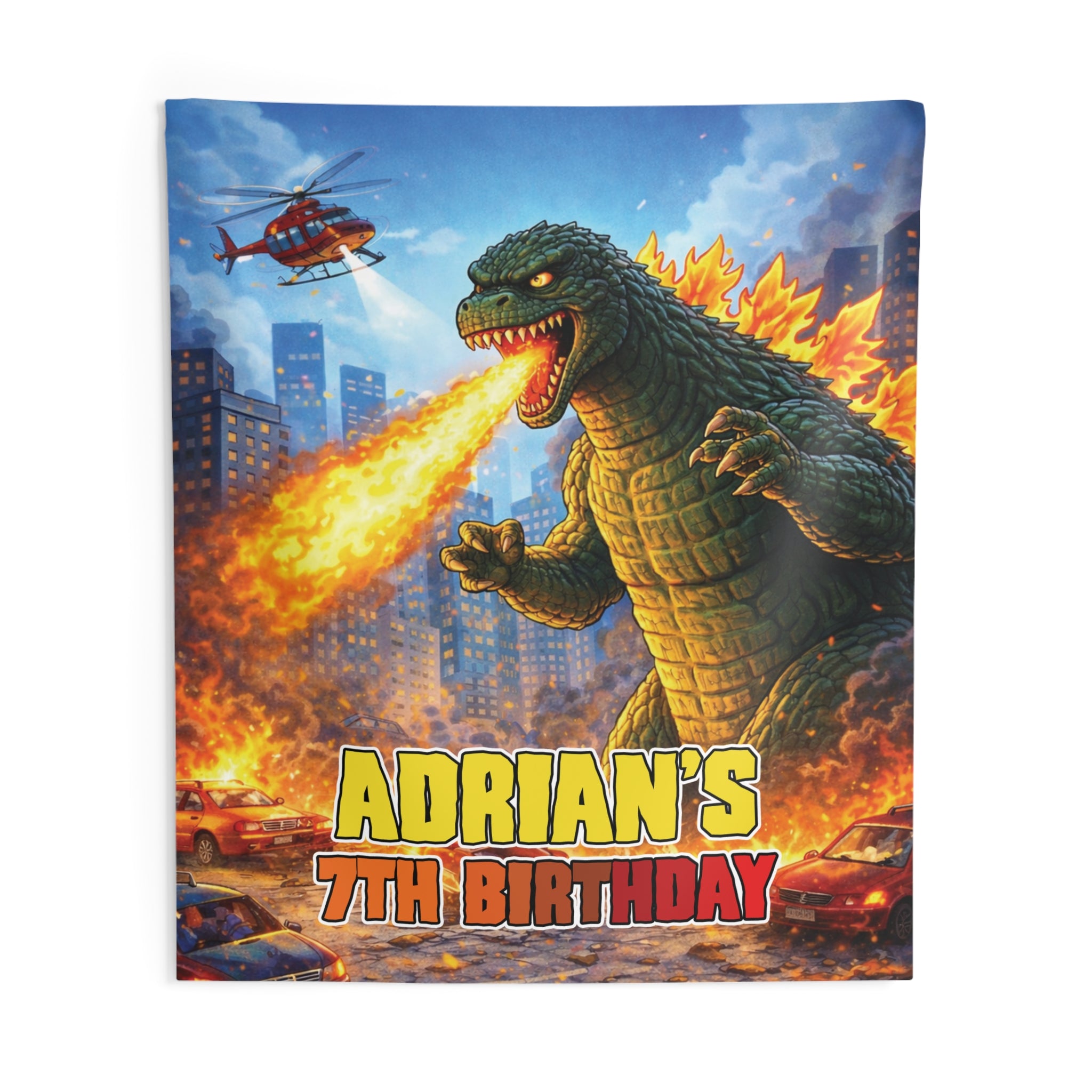 Adrian Fire Breathing lizard Birthday Sign Indoor Wall Tapestry | Girls Birthday Party Banner by Printify