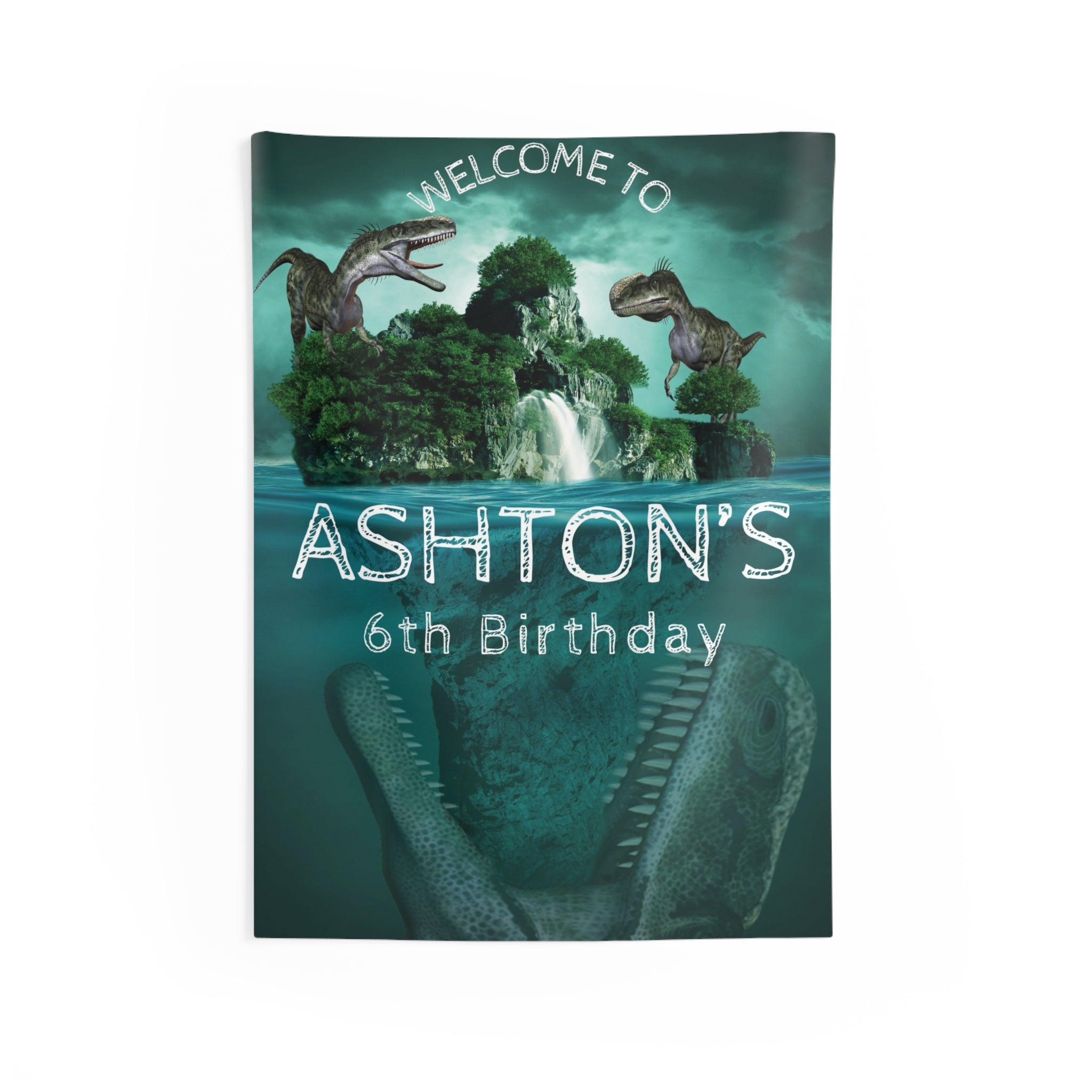 Personalized Dinosaur Birthday Party Tapestry — Custom Name & Age Banner by Printify