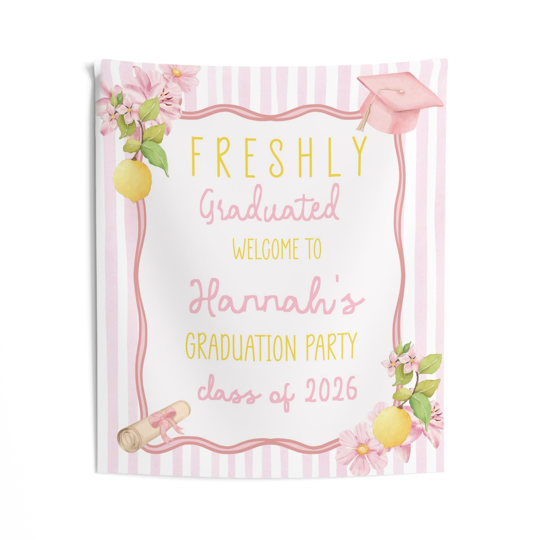 Freshly Graduated Party Banner With Lemons Pink and Yellow Theme by Printify