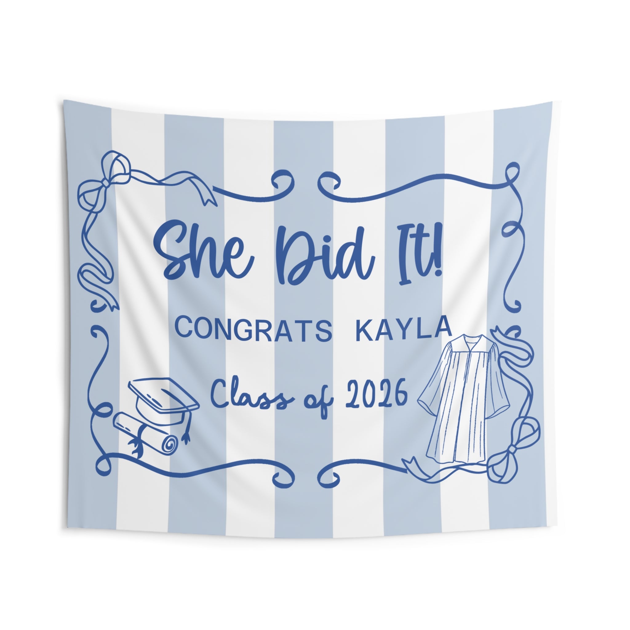 Graduation Wall Tapestry — 'She Did It' Striped Class of 2026 Backdrop for Girls by Printify