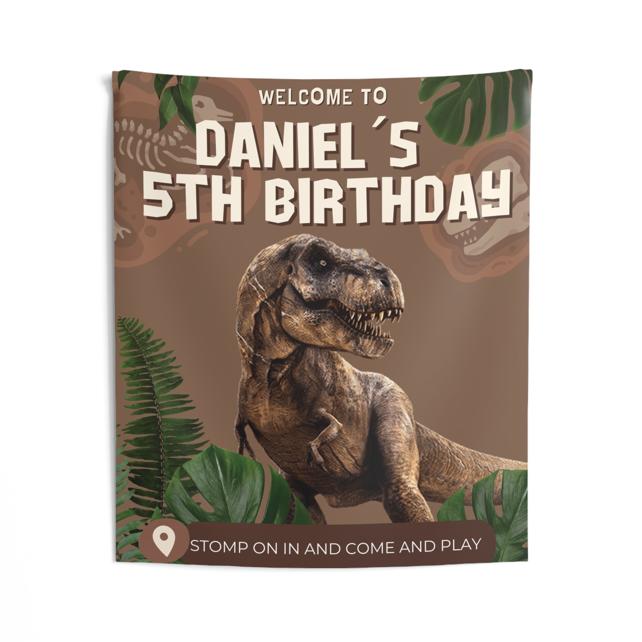 Personalized Dinosaur Party Backdrop Indoor Wall Tapestry | Kids Birthday Decoration by Printify