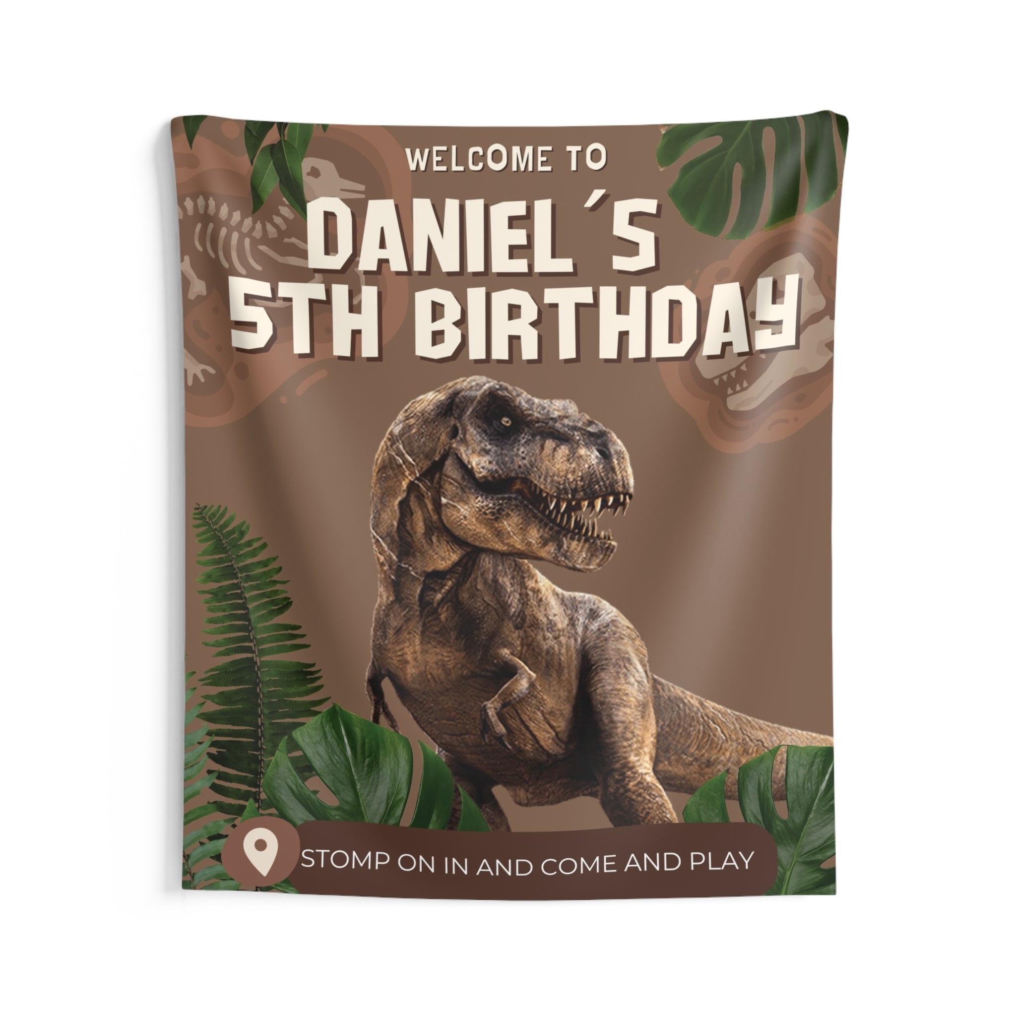 Personalized Dinosaur Party Backdrop Indoor Wall Tapestry | Kids Birthday Decoration by Printify