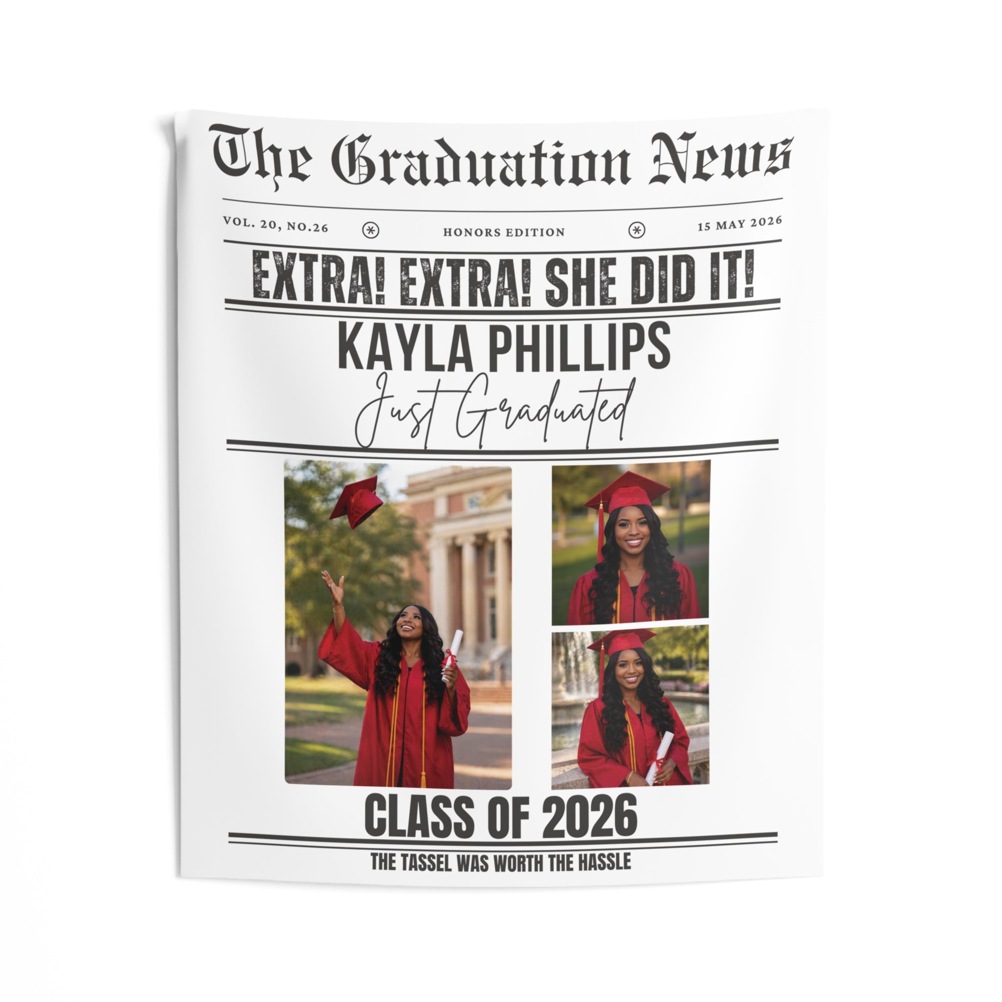 Personalized Newspaper Graduation Party Banner Wall Tapestry by Printify
