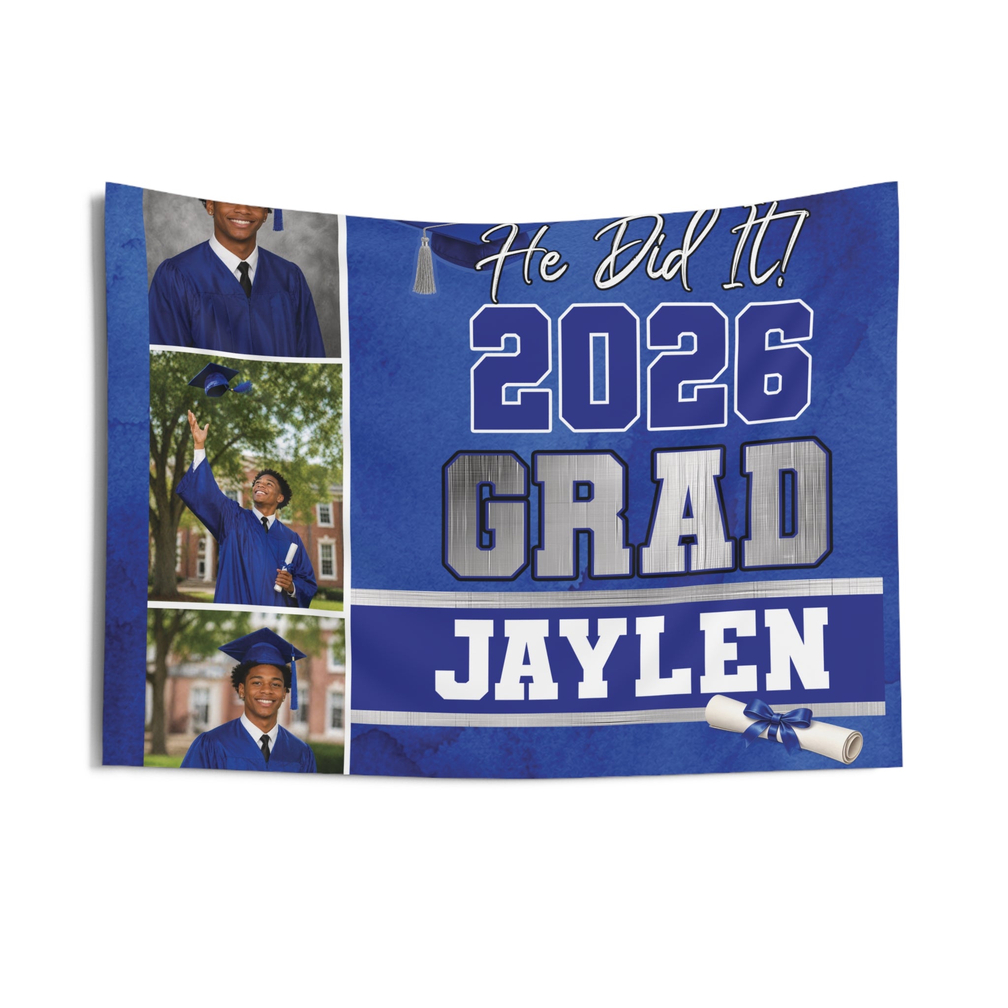 He Did It Graduation Party Banner Indoor Wall Tapestry | Custom Boy Grad Sign by Printify