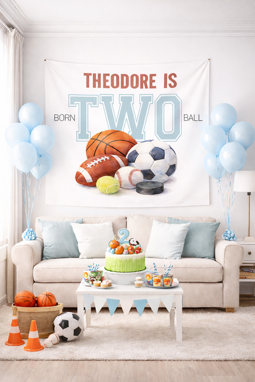 Born Two Ball 2nd Birthday Banner — Boys' Party Wall Tapestry by This is Your Sign