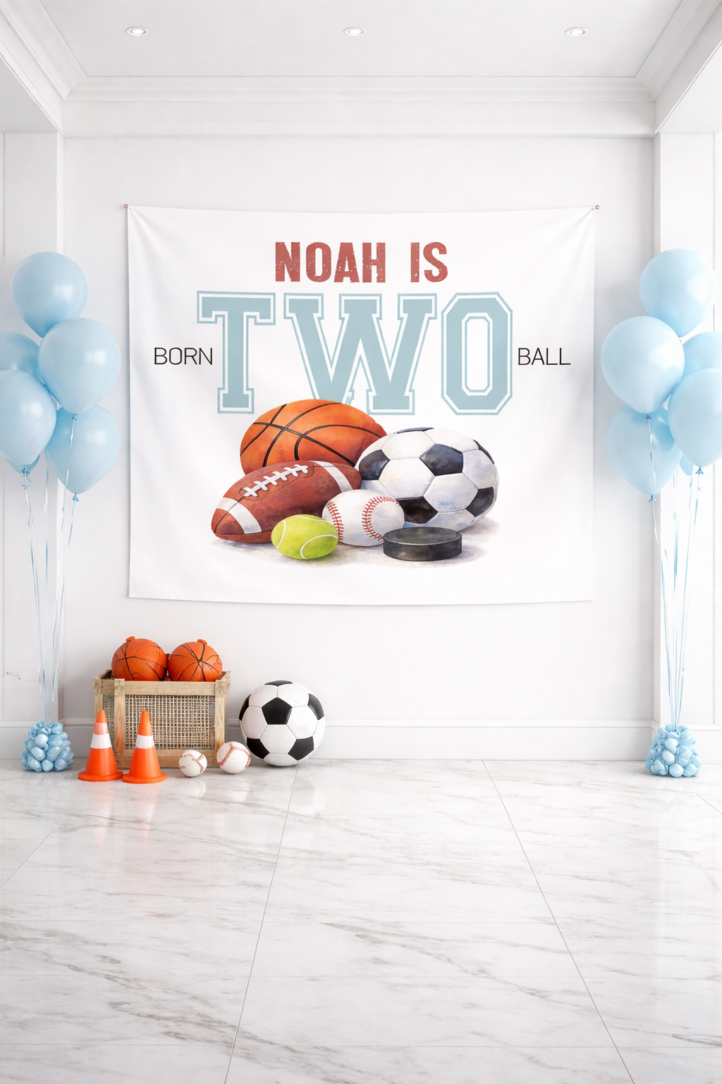 Born Two Ball 2nd Birthday Banner — Boys' Party Wall Tapestry by This is Your Sign
