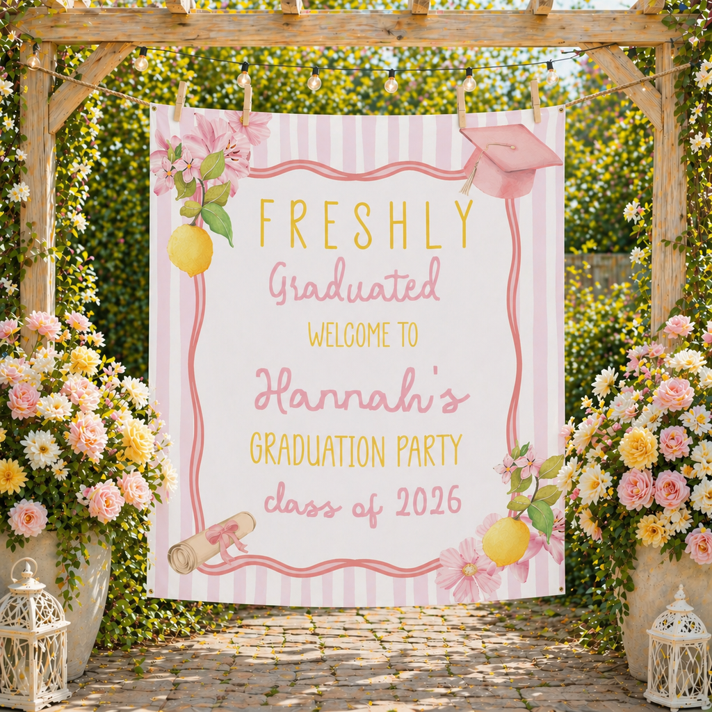 Freshly Graduated Party Banner With Lemons Pink and Yellow Theme by This is Your Sign