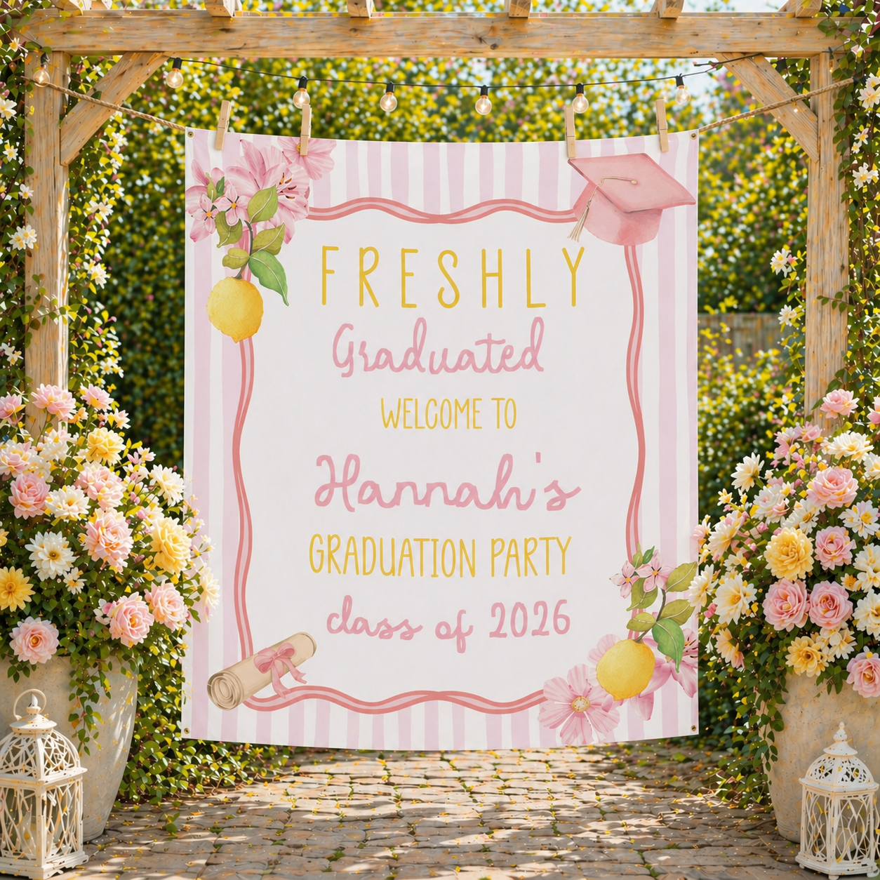 Freshly Graduated Party Banner With Lemons Pink and Yellow Theme by This is Your Sign