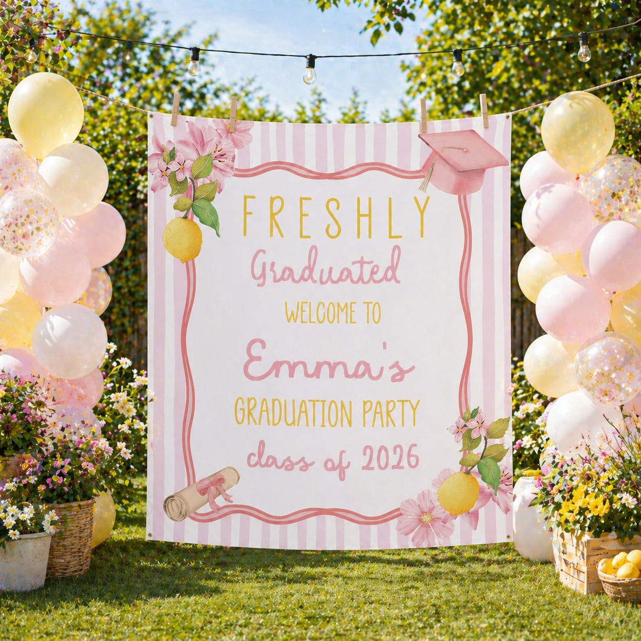Freshly Graduated Party Banner With Lemons Pink and Yellow Theme by This is Your Sign