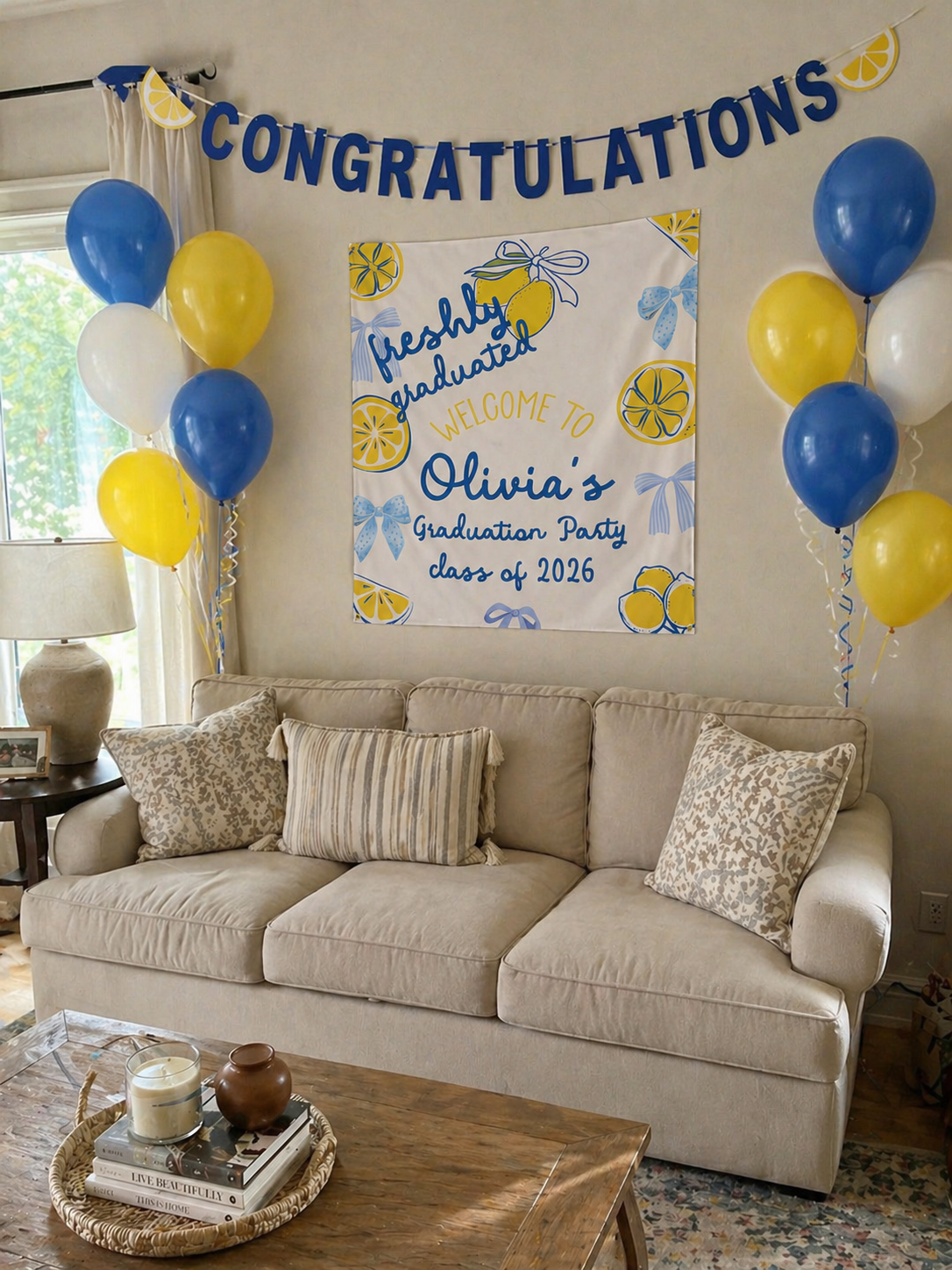 Freshly Graduated Party Banner With Lemons Blue and Yellow Theme by This Is Your Sign