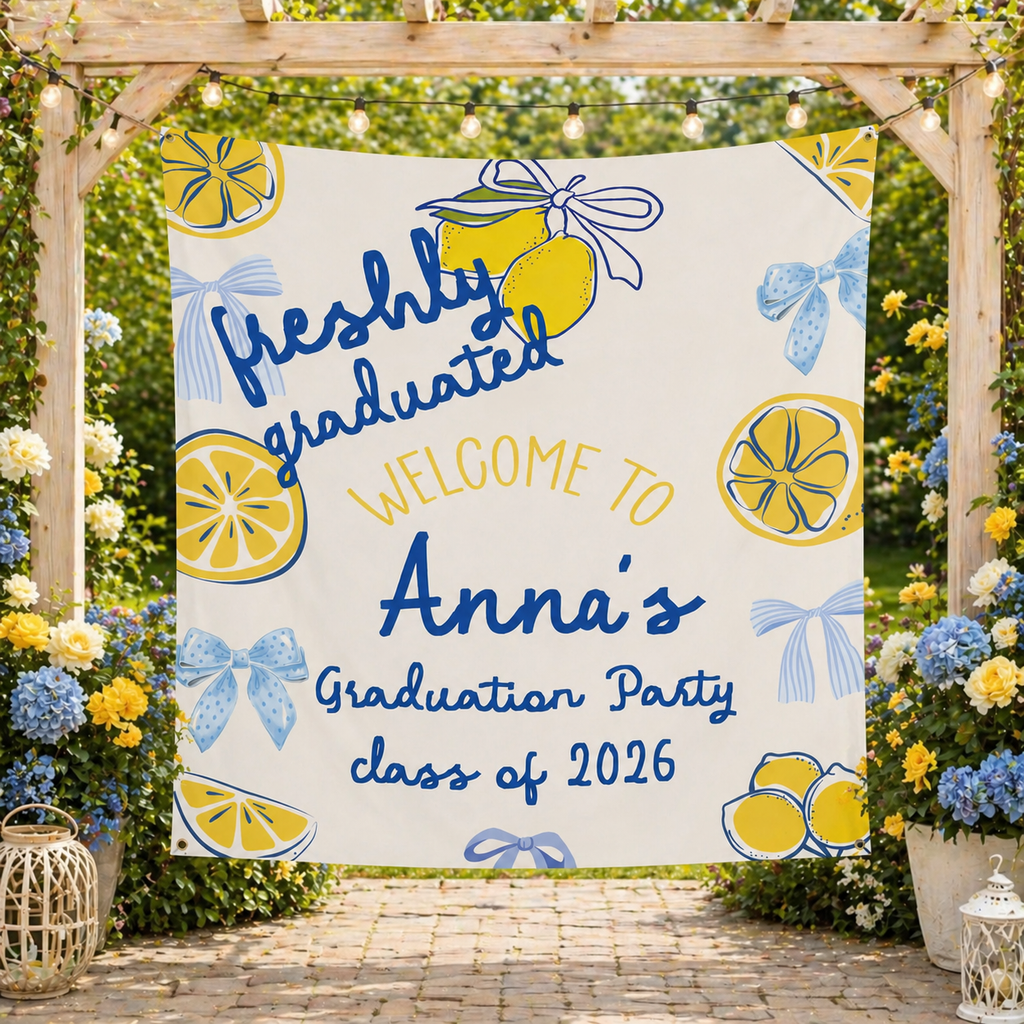 Freshly Graduated Party Banner With Lemons Blue and Yellow Theme by This Is Your Sign
