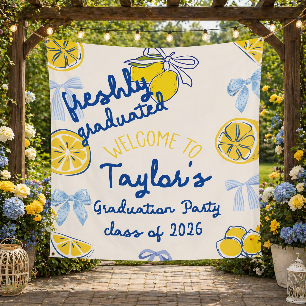 Freshly Graduated Party Banner With Lemons Blue and Yellow Theme by This Is Your Sign