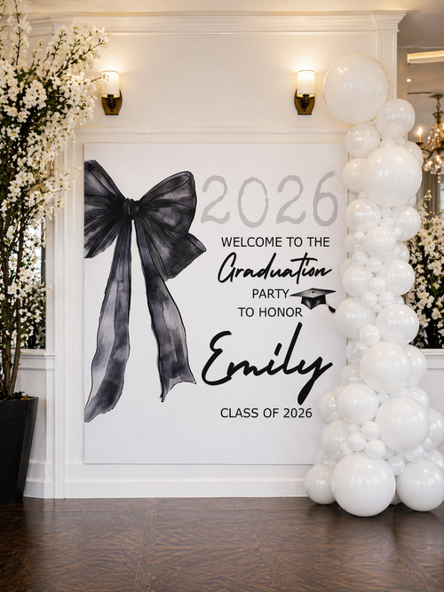 Black and White Watercolor Coquette Bow Class of 2026 Graduation Banner by This Is Your Sign
