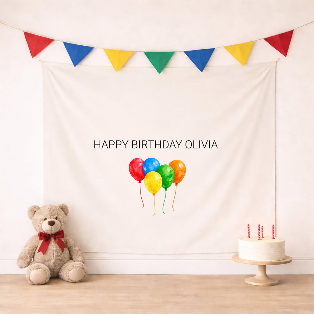 Personalized Rainbow Happy Birthday Banner Indoor Wall Tapestry | Balloons, Any Age by This Is Your Sign