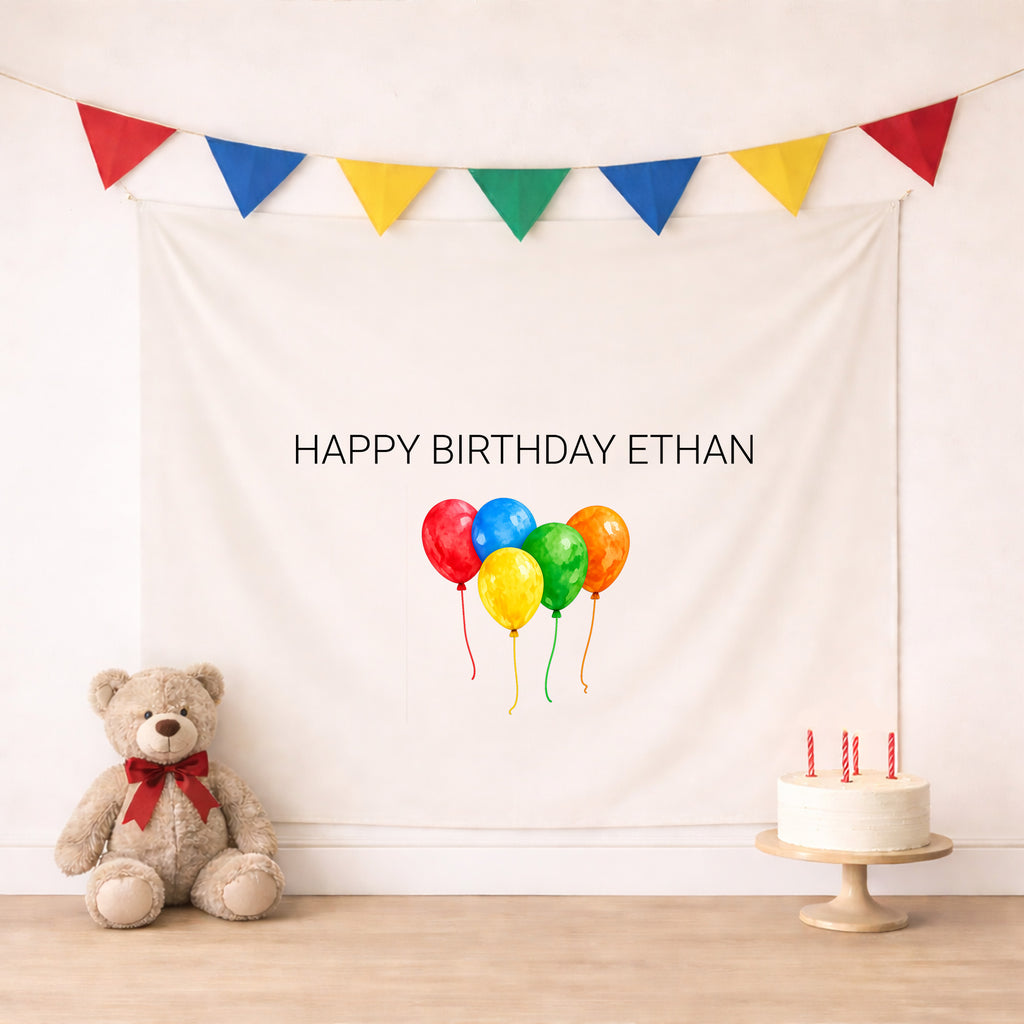 Personalized Rainbow Happy Birthday Banner Indoor Wall Tapestry | Balloons, Any Age by This Is Your Sign