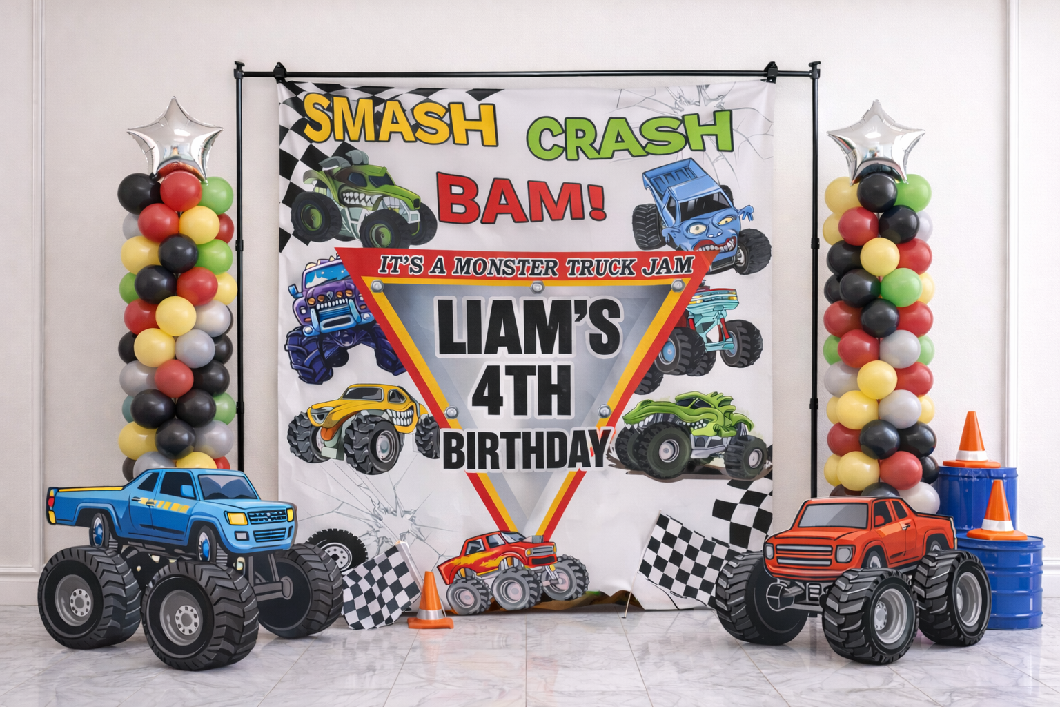 Monster Truck Jam Personalized Birthday Party Banner Indoor Wall Tapestry by Printify