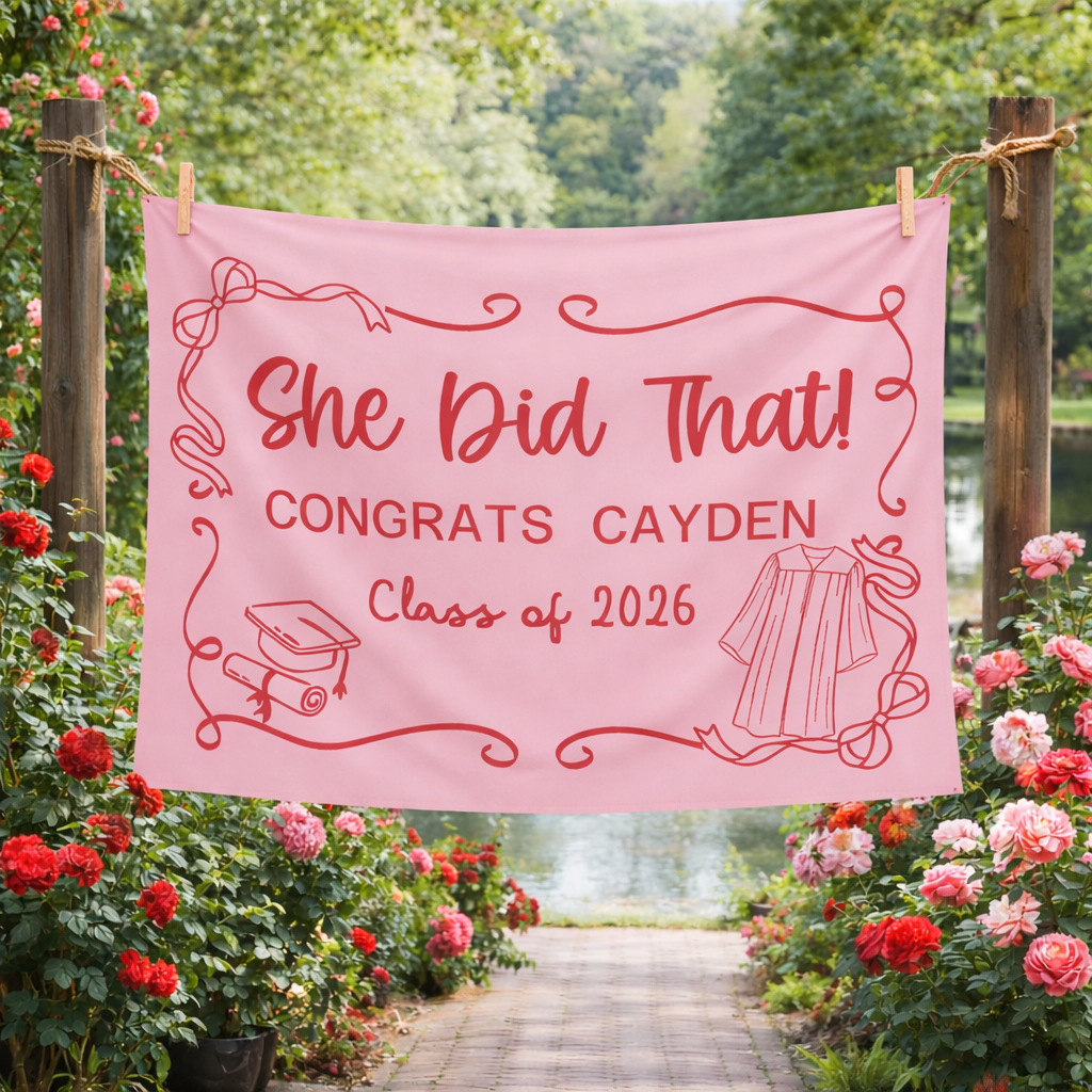 She Did That Class of 2026 Graduation Banner Indoor Wall Tapestry | Pink Red Coquette Backdrop by This Is Your Sign