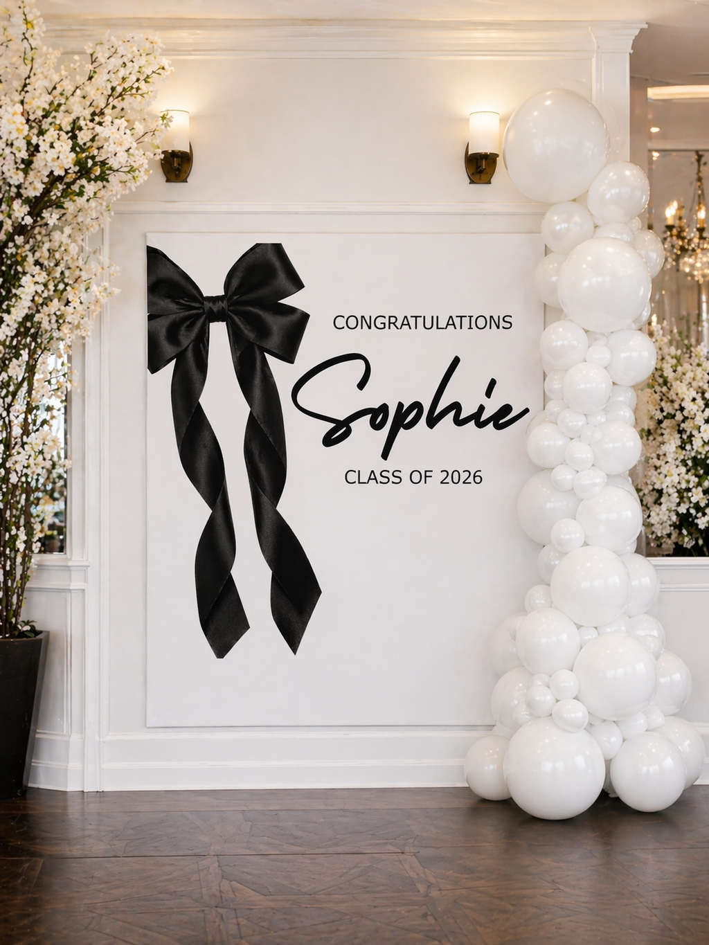 Coquette Bow Class of 2026 Graduation Party Banner | Black & White Graduation Decor by This Is Your Sign