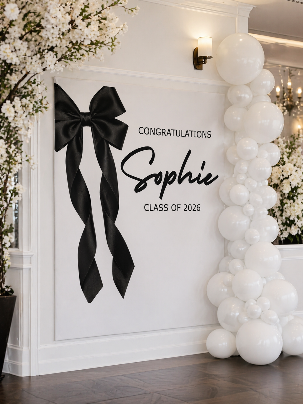 Coquette Bow Class of 2026 Graduation Party Banner | Black & White Graduation Decor by This Is Your Sign