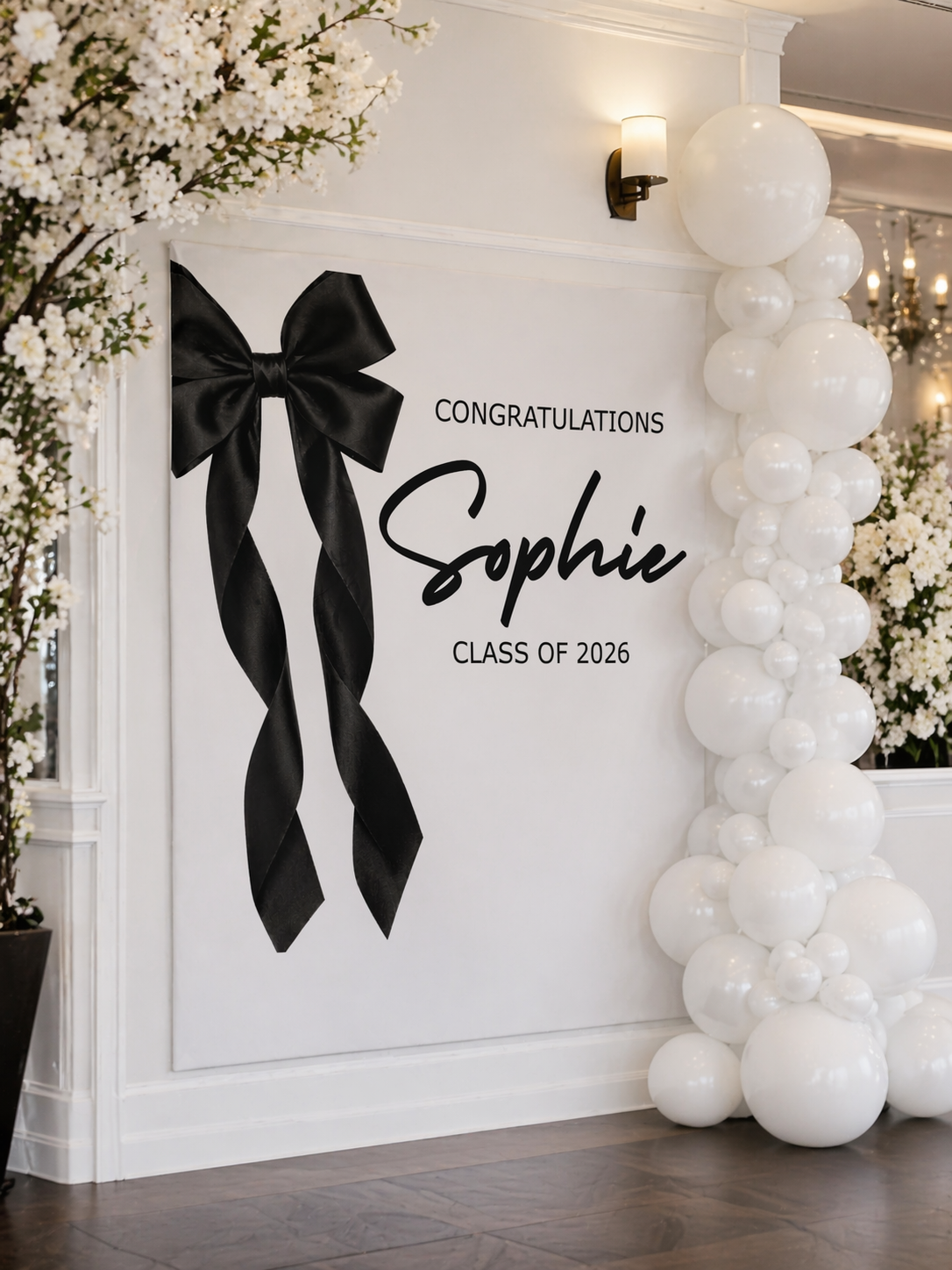 Coquette Bow Class of 2026 Graduation Party Banner | Black & White Graduation Decor by This Is Your Sign
